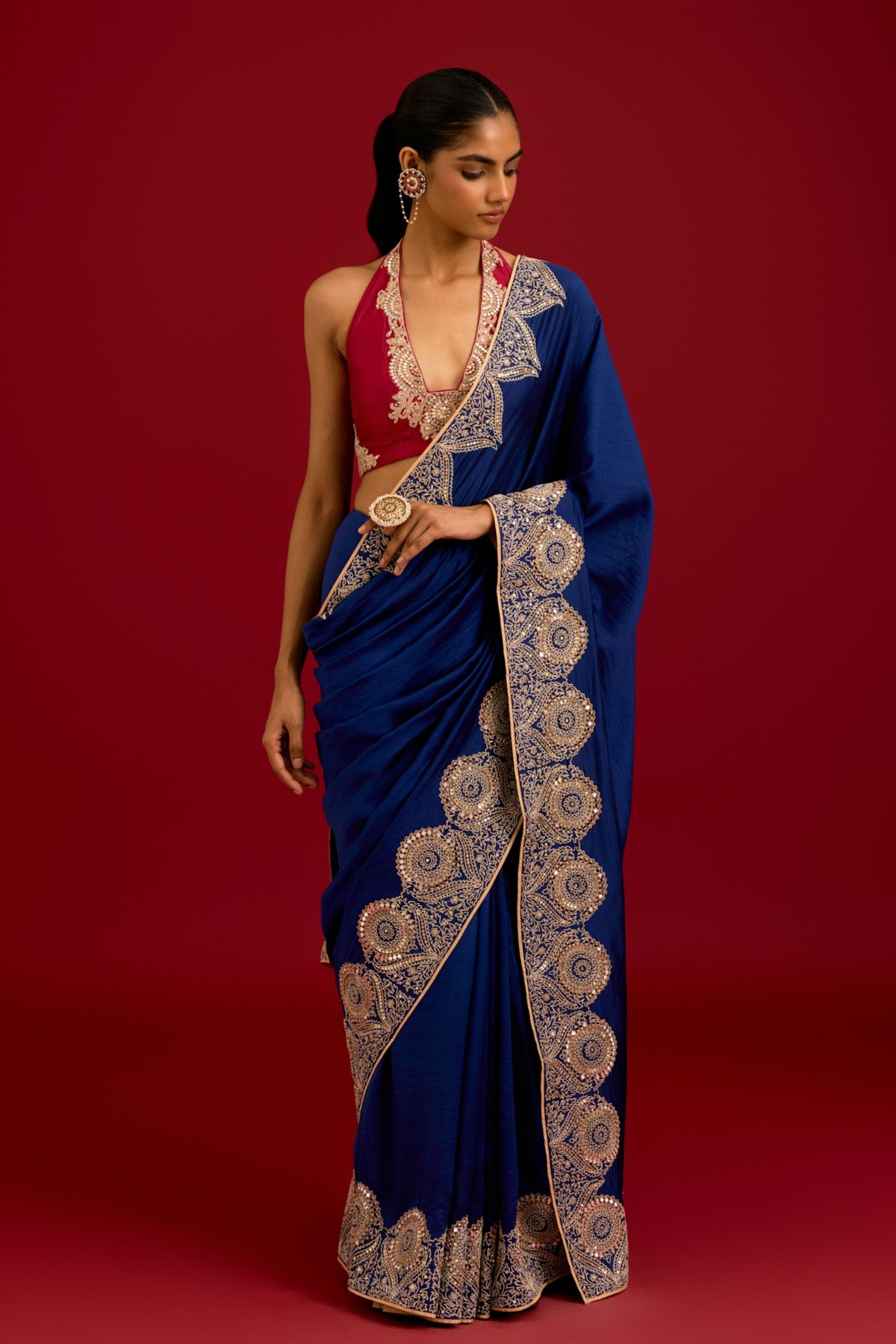 Navy Blue Silk Saree Set