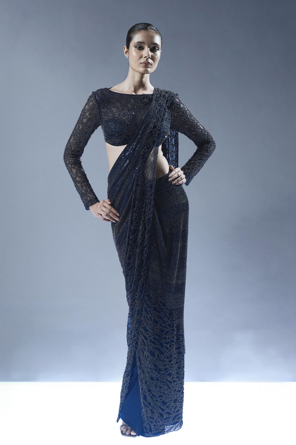 Midnight Blue Embellished Drape Saree