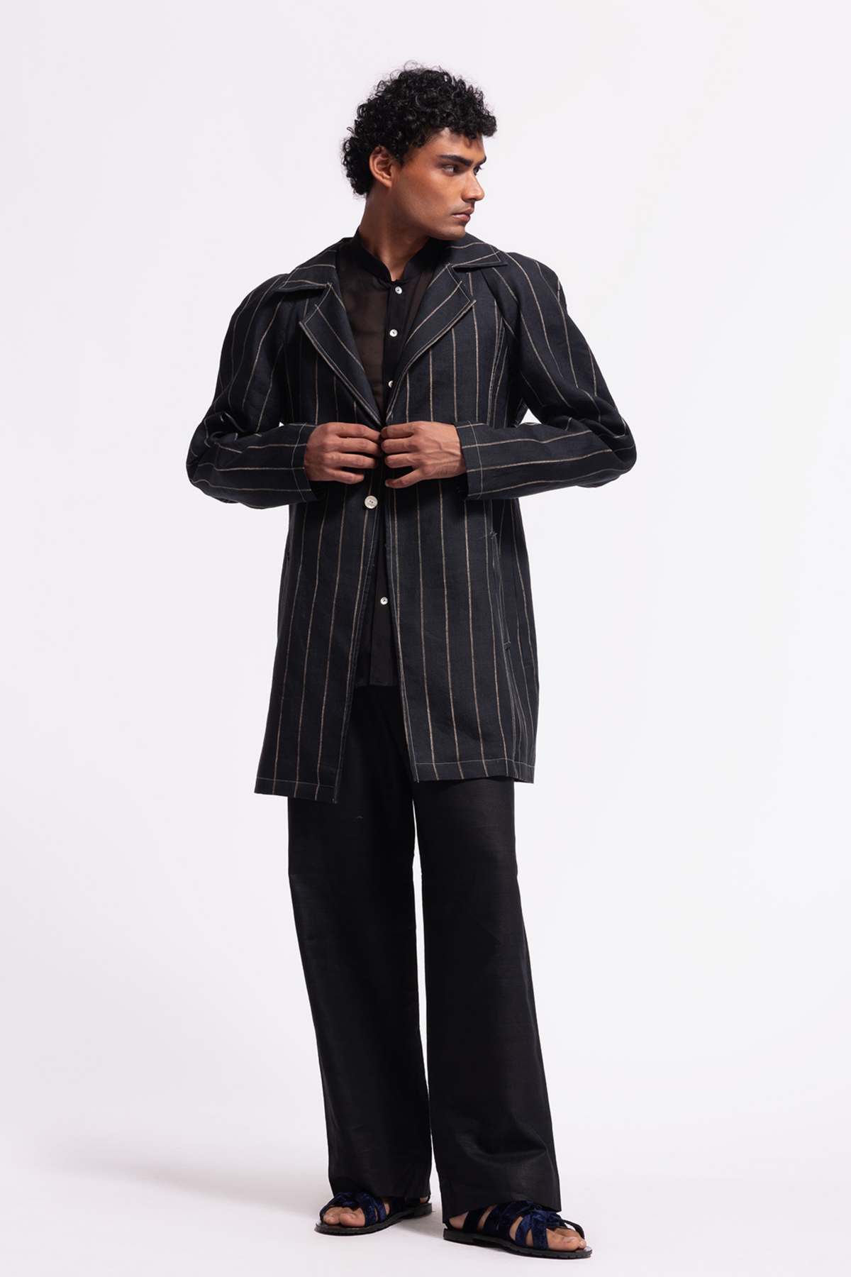 Indigo Printed Linen Long Jacket