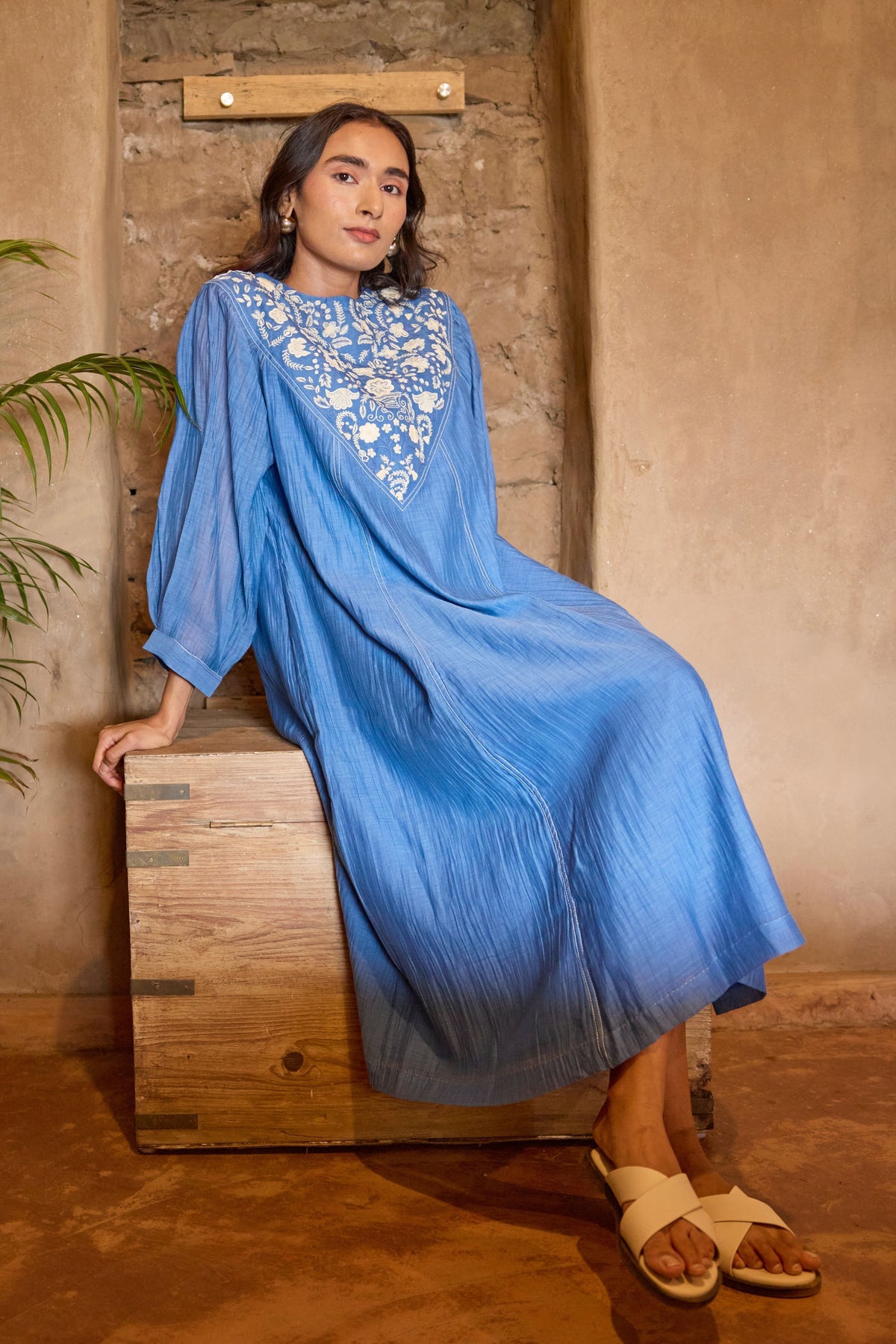 Blue Embroidered Yoke Chanderi Dress