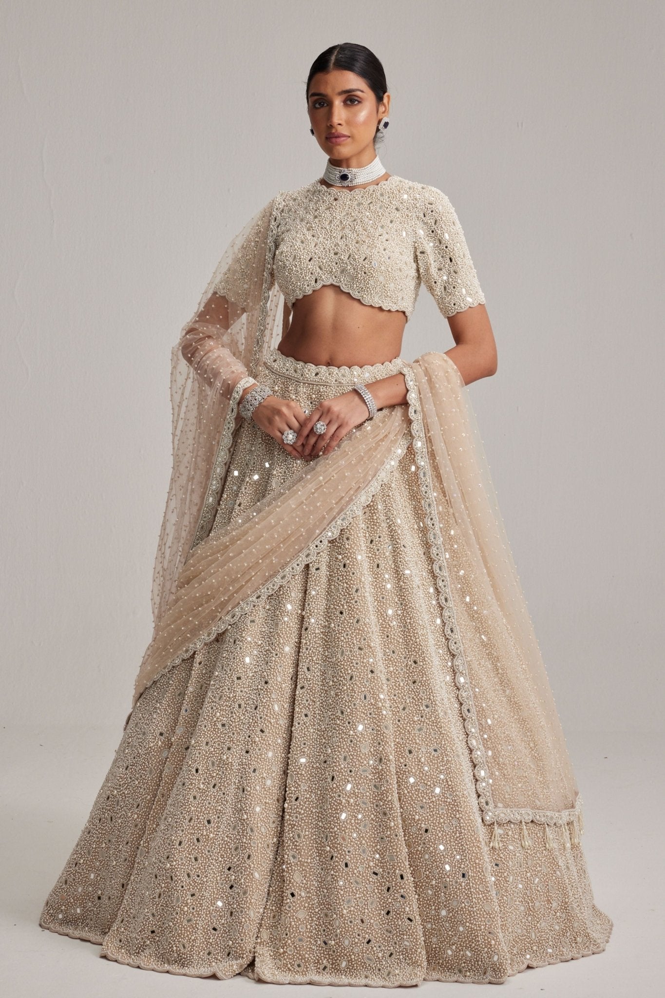 Light Beige OAS Mirror and Pearl Lehenga Set - Vvani by Vani Vats - Elahe