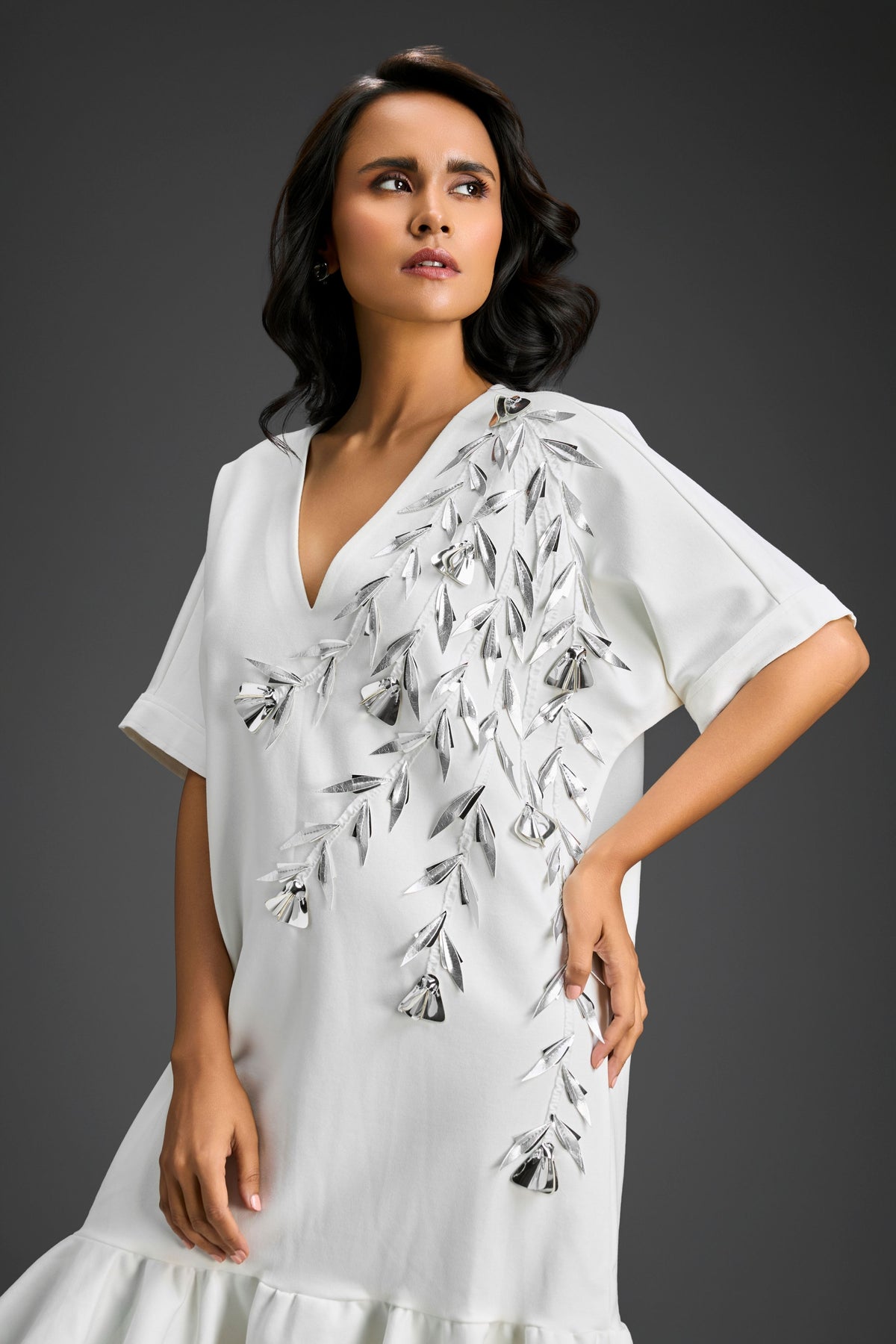 White V-neck Embroidery Dress