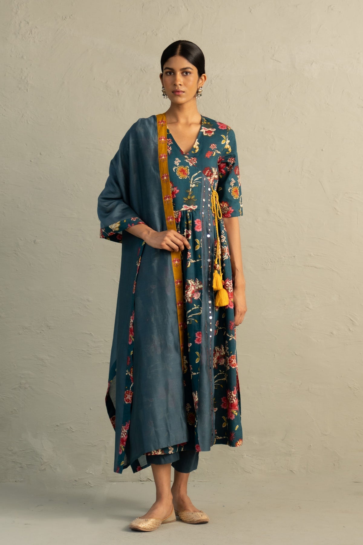 Teal Angrakha Straight Kurta Set