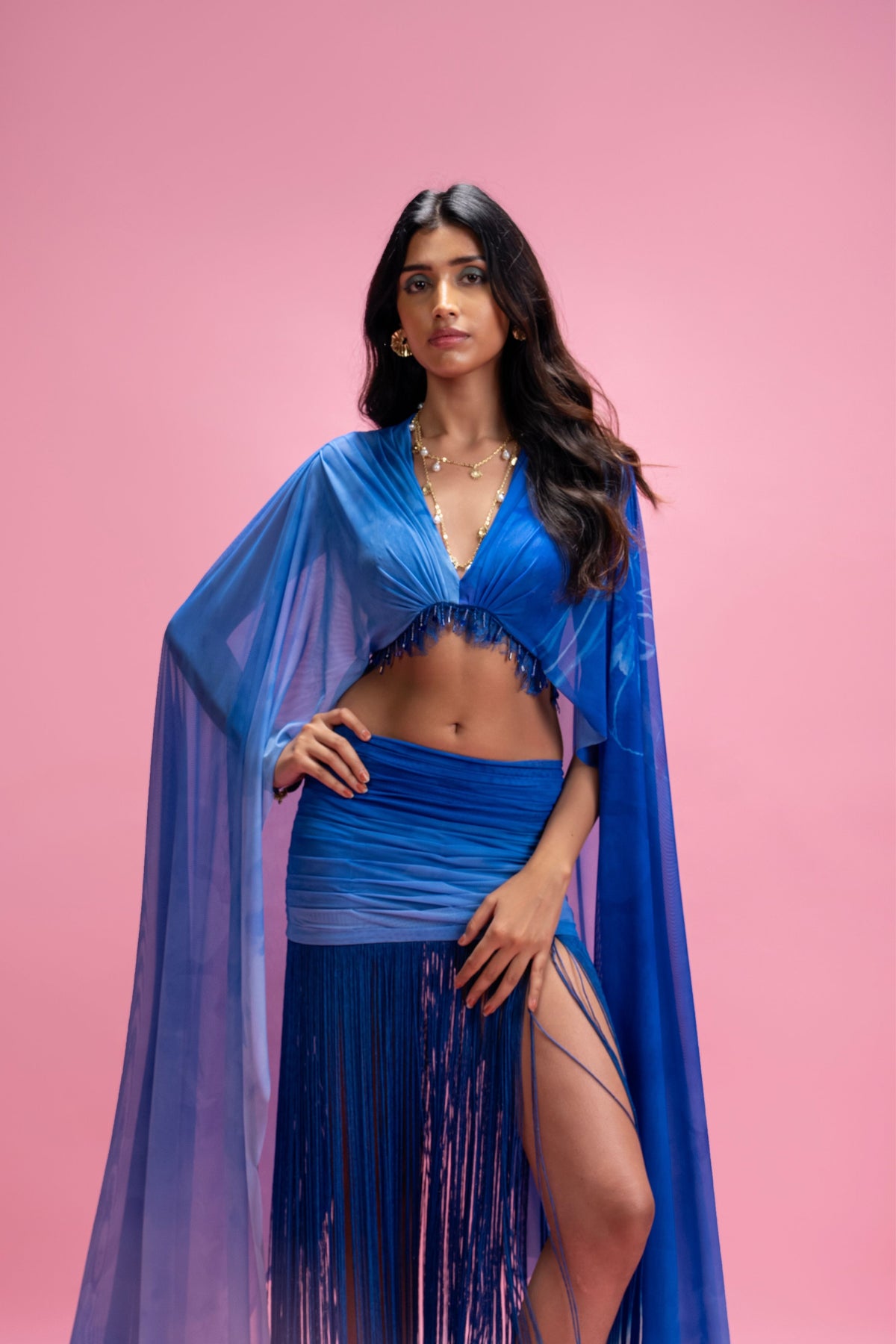 Ombré Draped Fringe Skirt Set