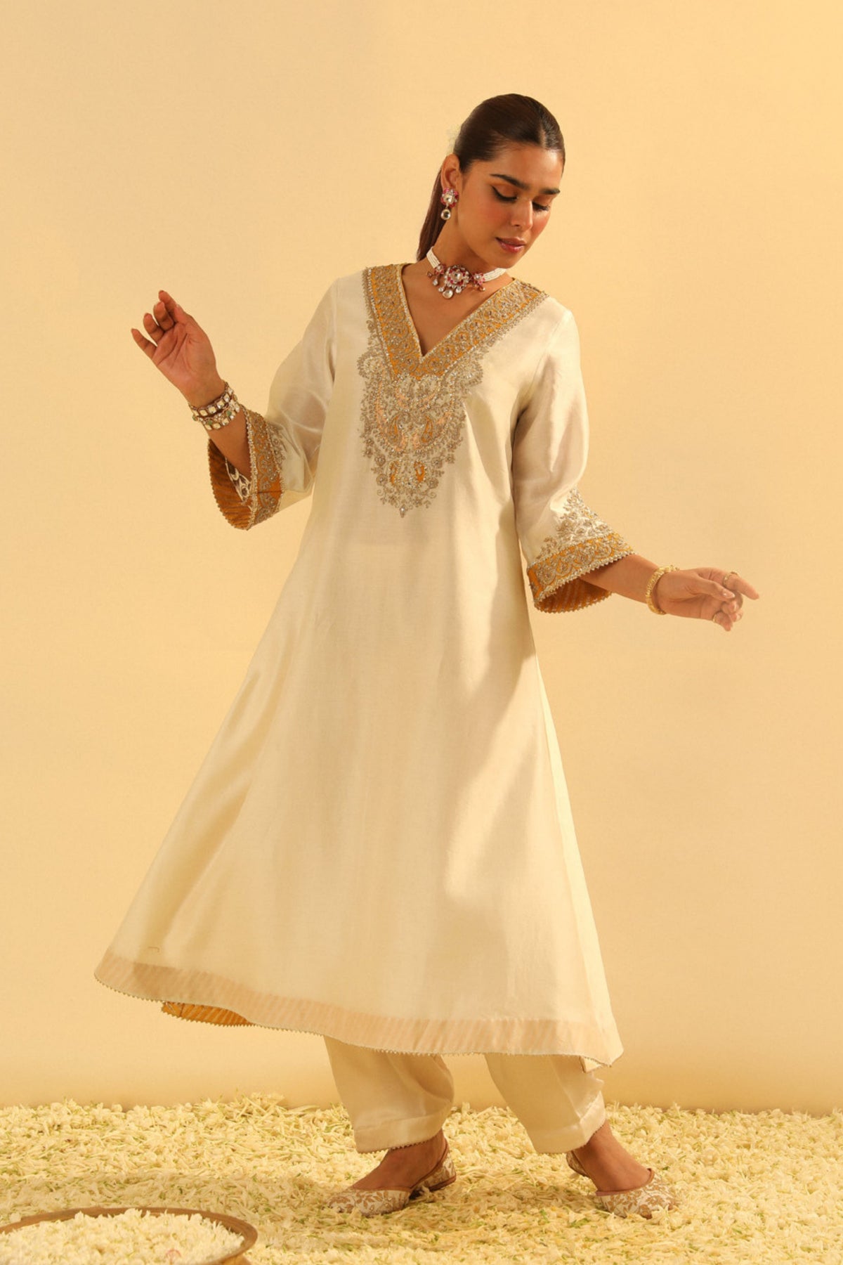 Shazana Ivory Long A-line Choga With Salwar