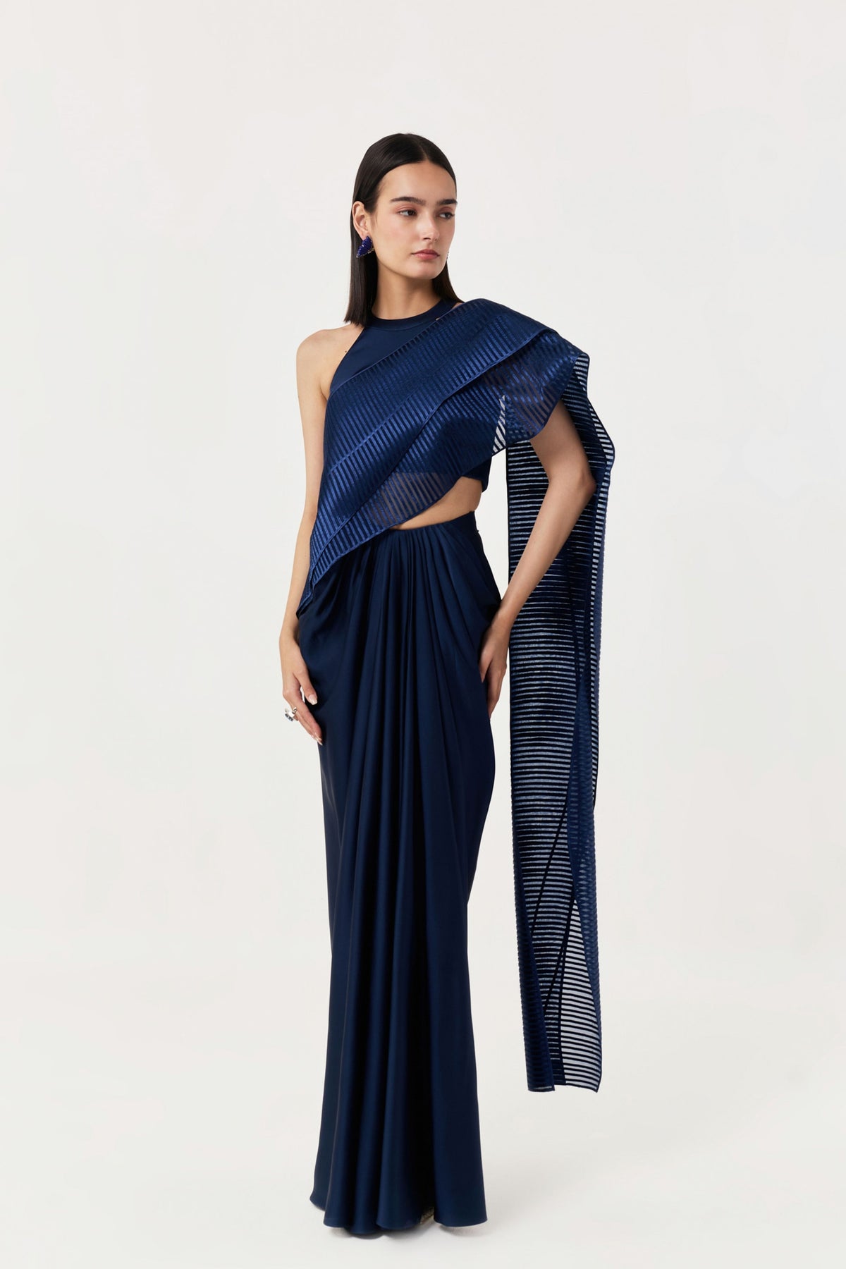 Layered Navy Wave Pre-Stitched Saree