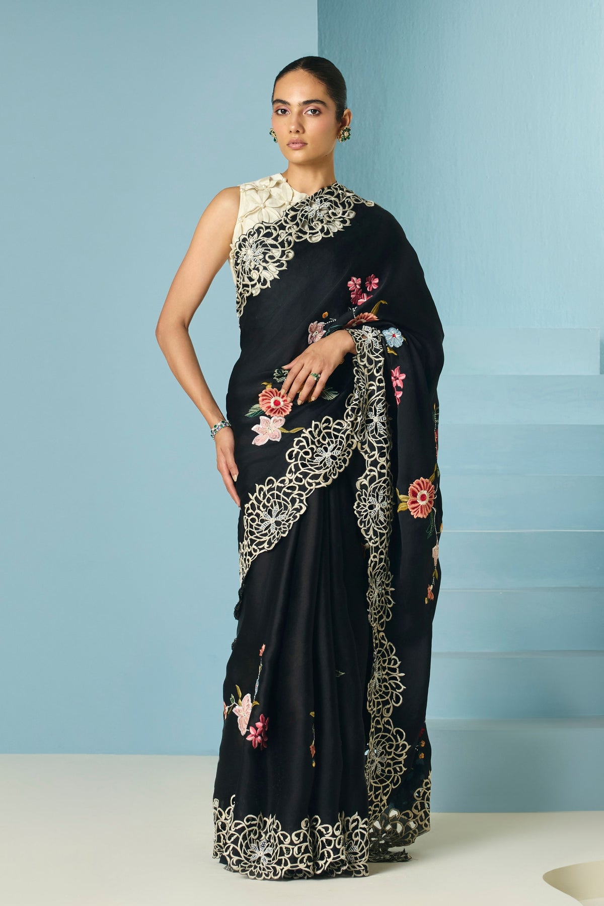 Black Floral Foliage Saree