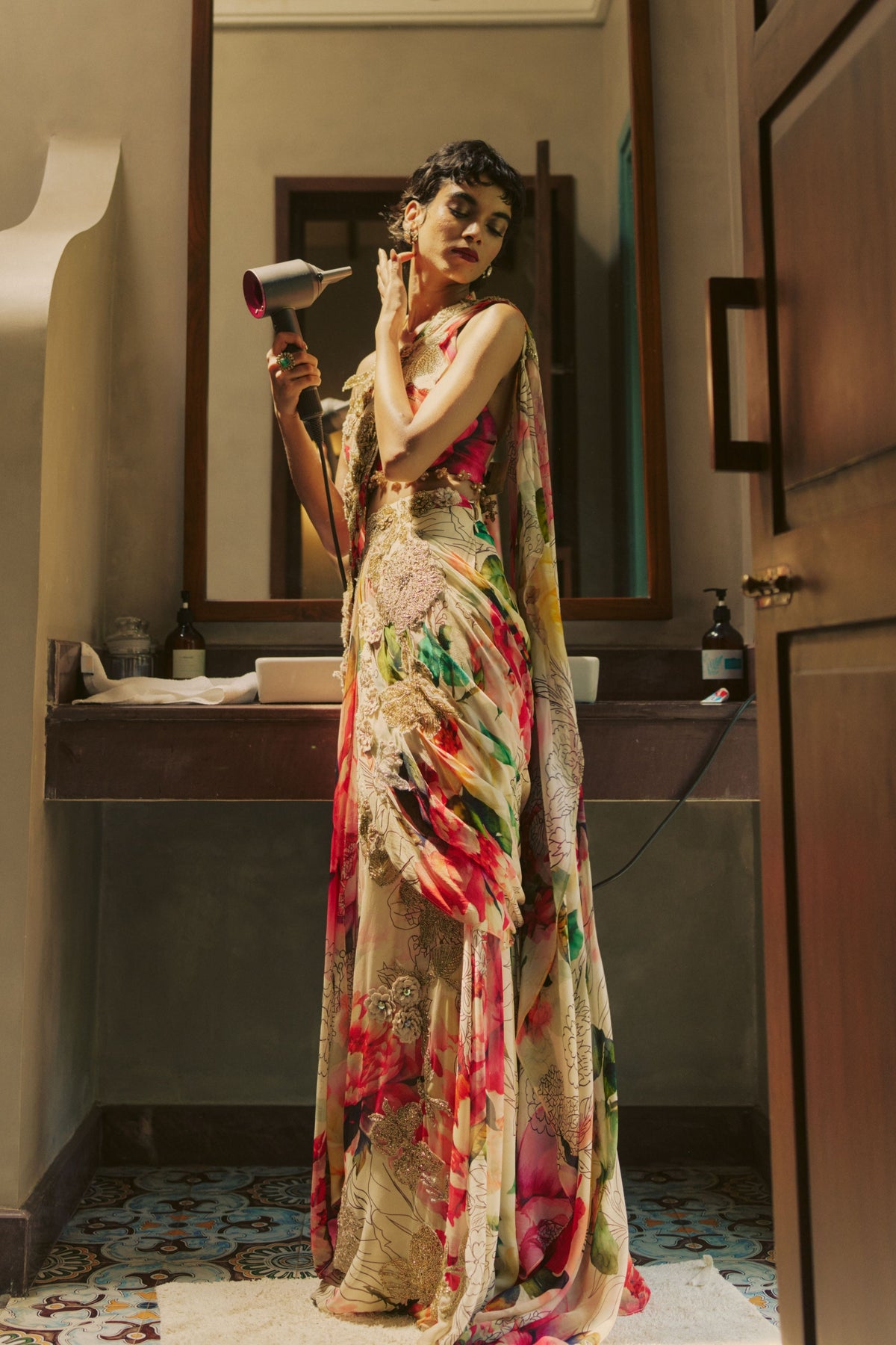 Multicolored Pre Draped Saree Set