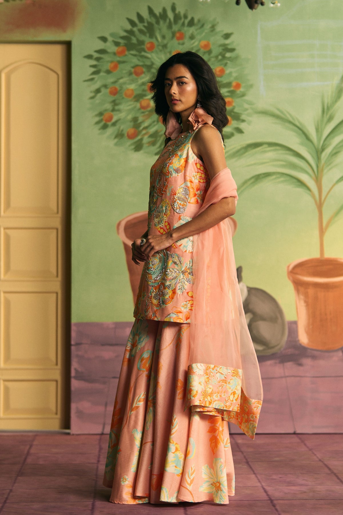 Peach Apricot Garden Sharara Set