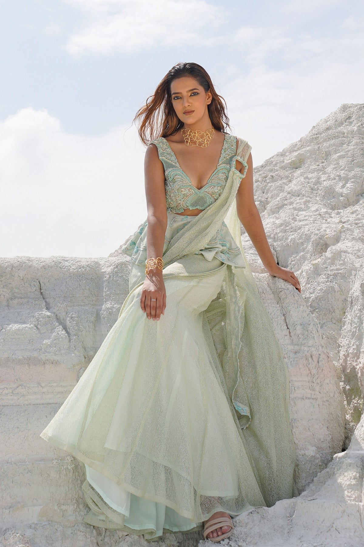Pastel Green Draped Saree Set