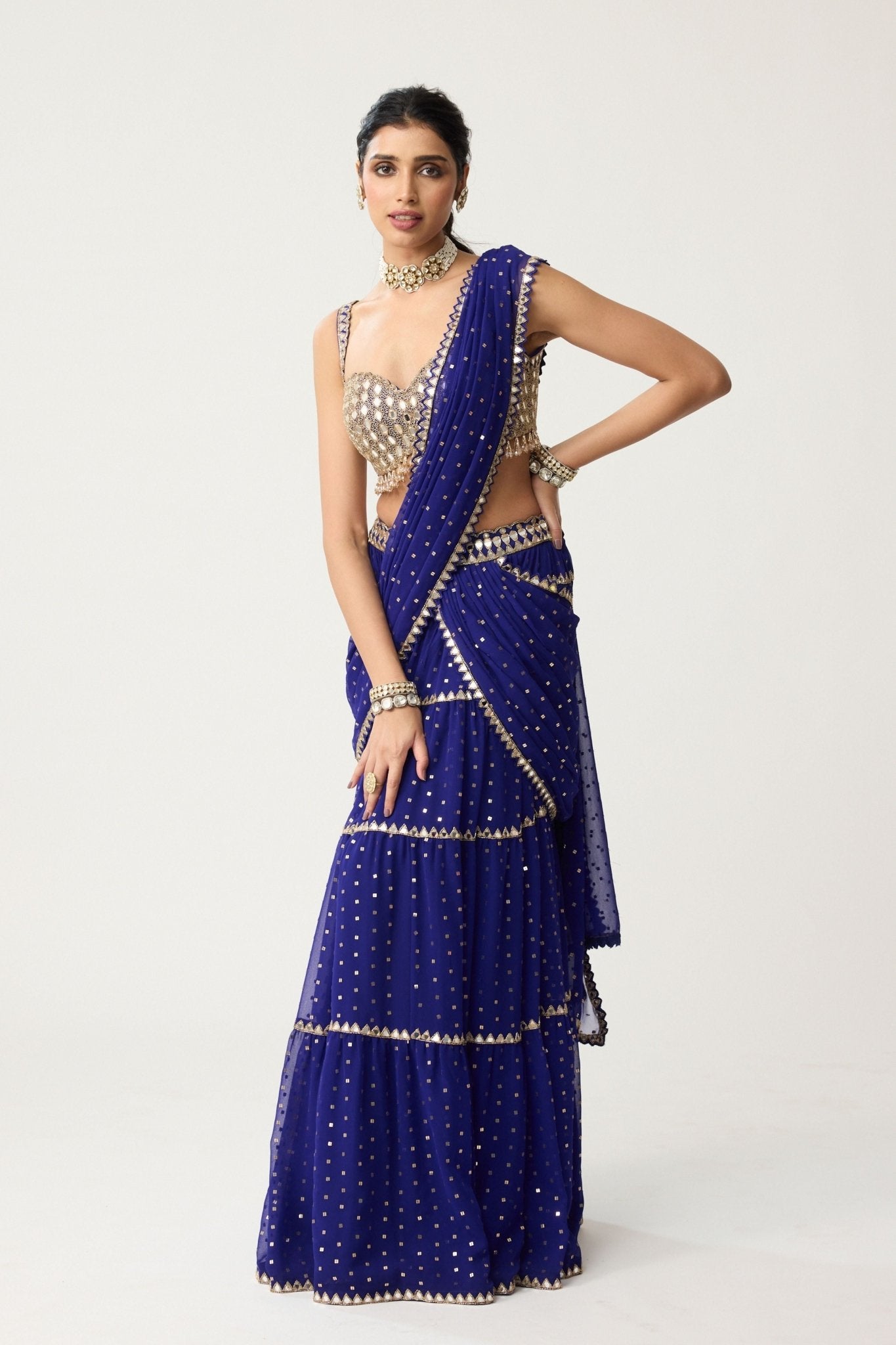 Persian Blue Multi - tier Saree Set - Vvani by Vani Vats - Elahe