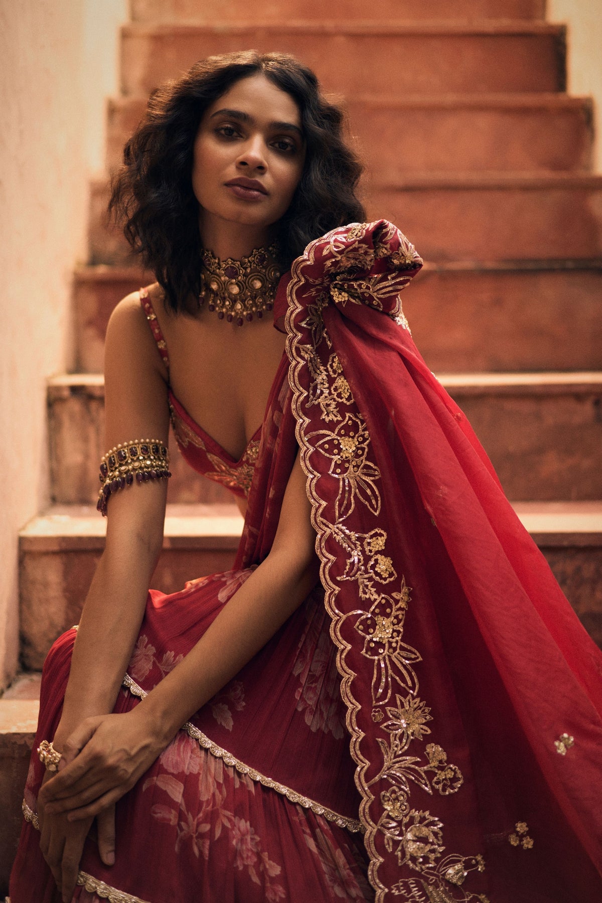 Vintage Floral Printed Saree Set