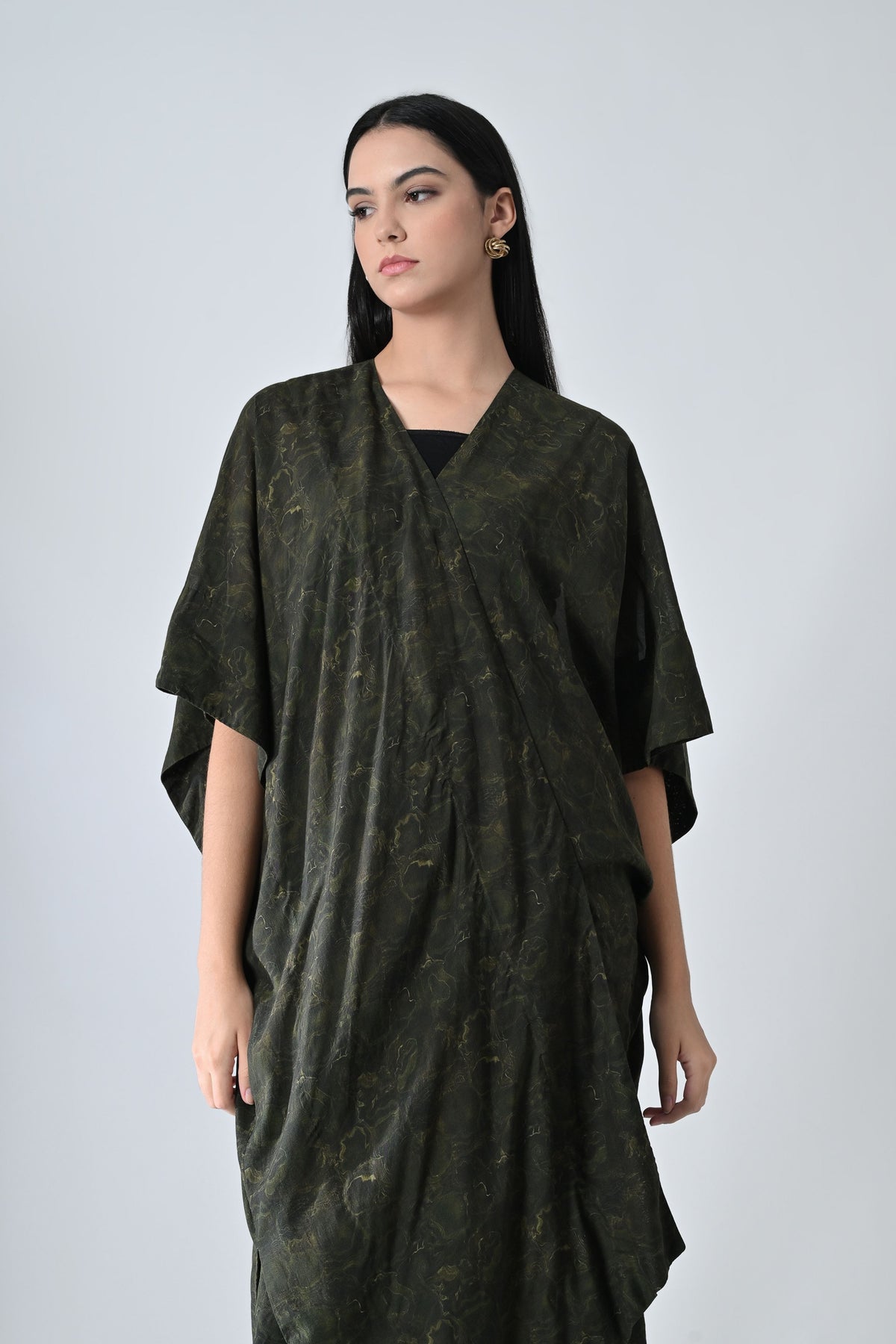 Olive Moss Draped Overlay Kaftan