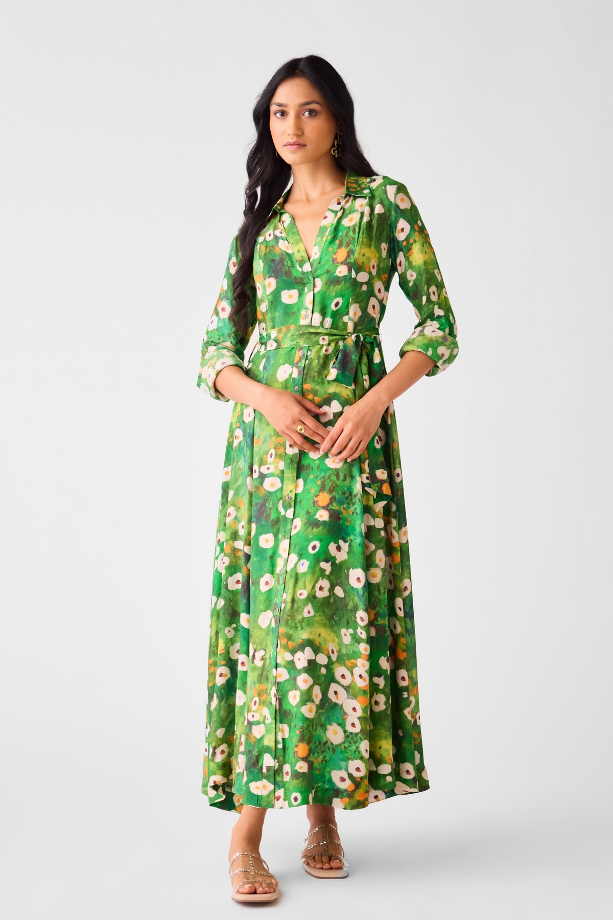 Green Muslin Floral Long Dress