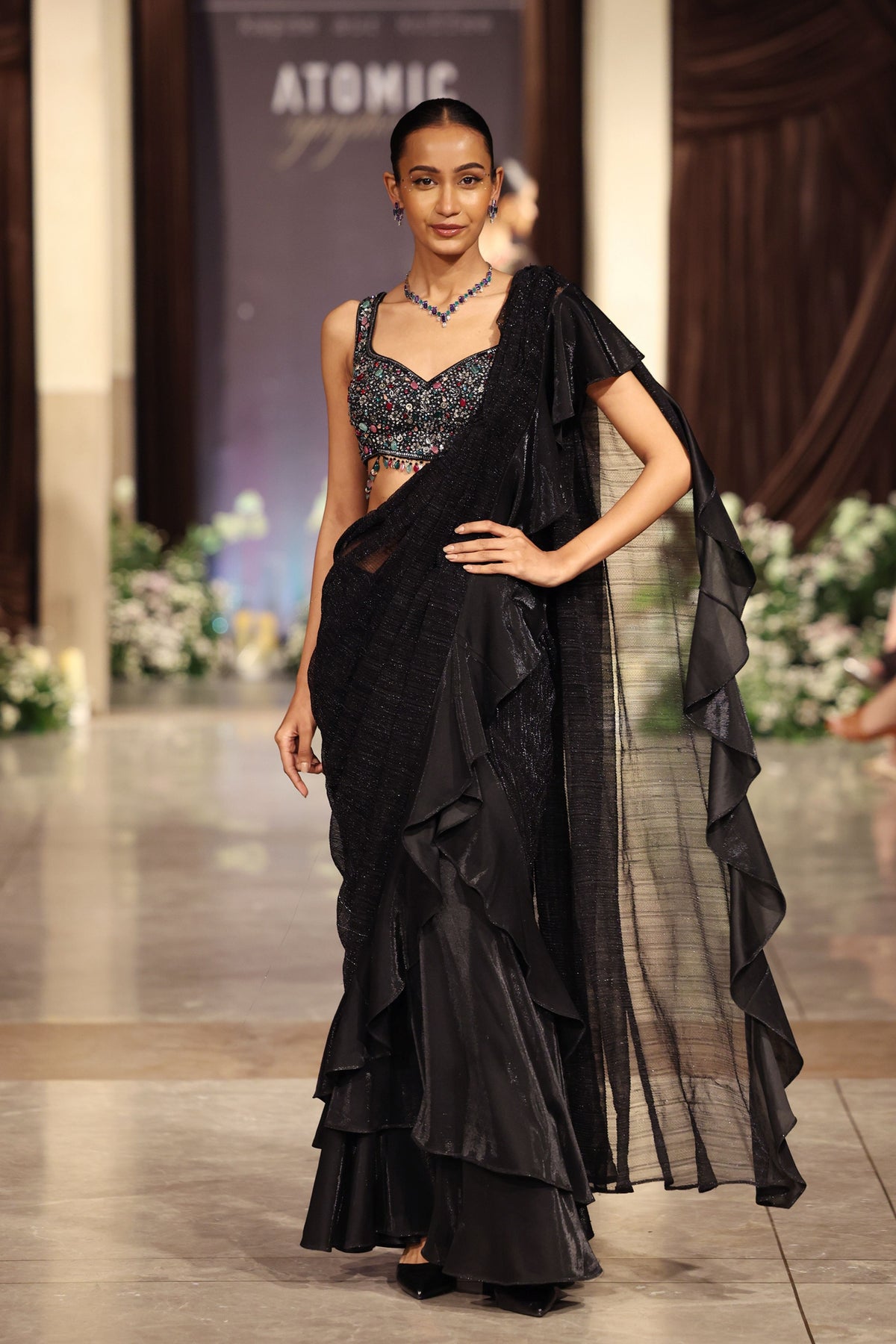 Black Draped Saree Set