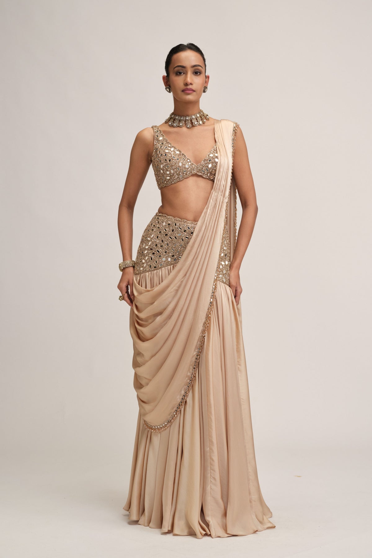 Modern Beige Draped Saree Set