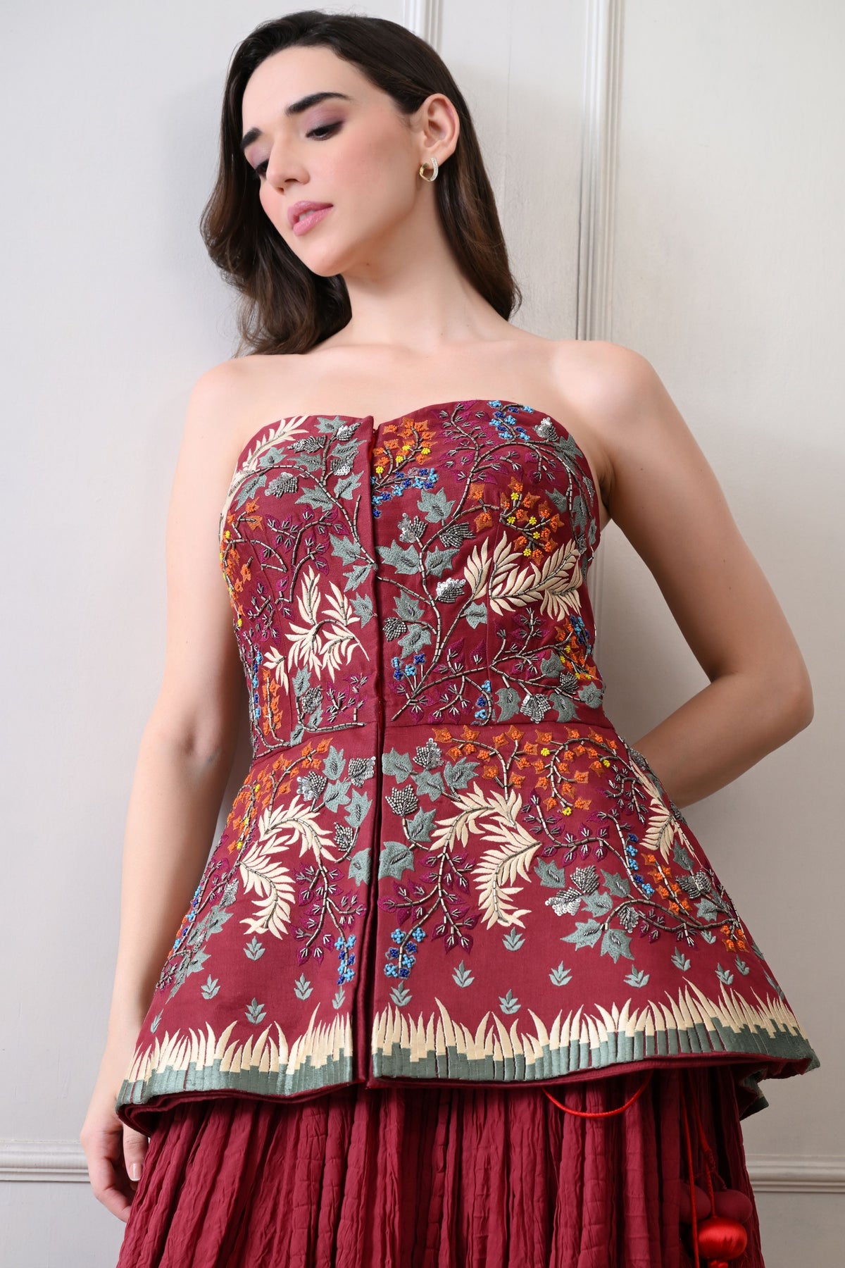 Maroon Strapless Peplum Skirt Set