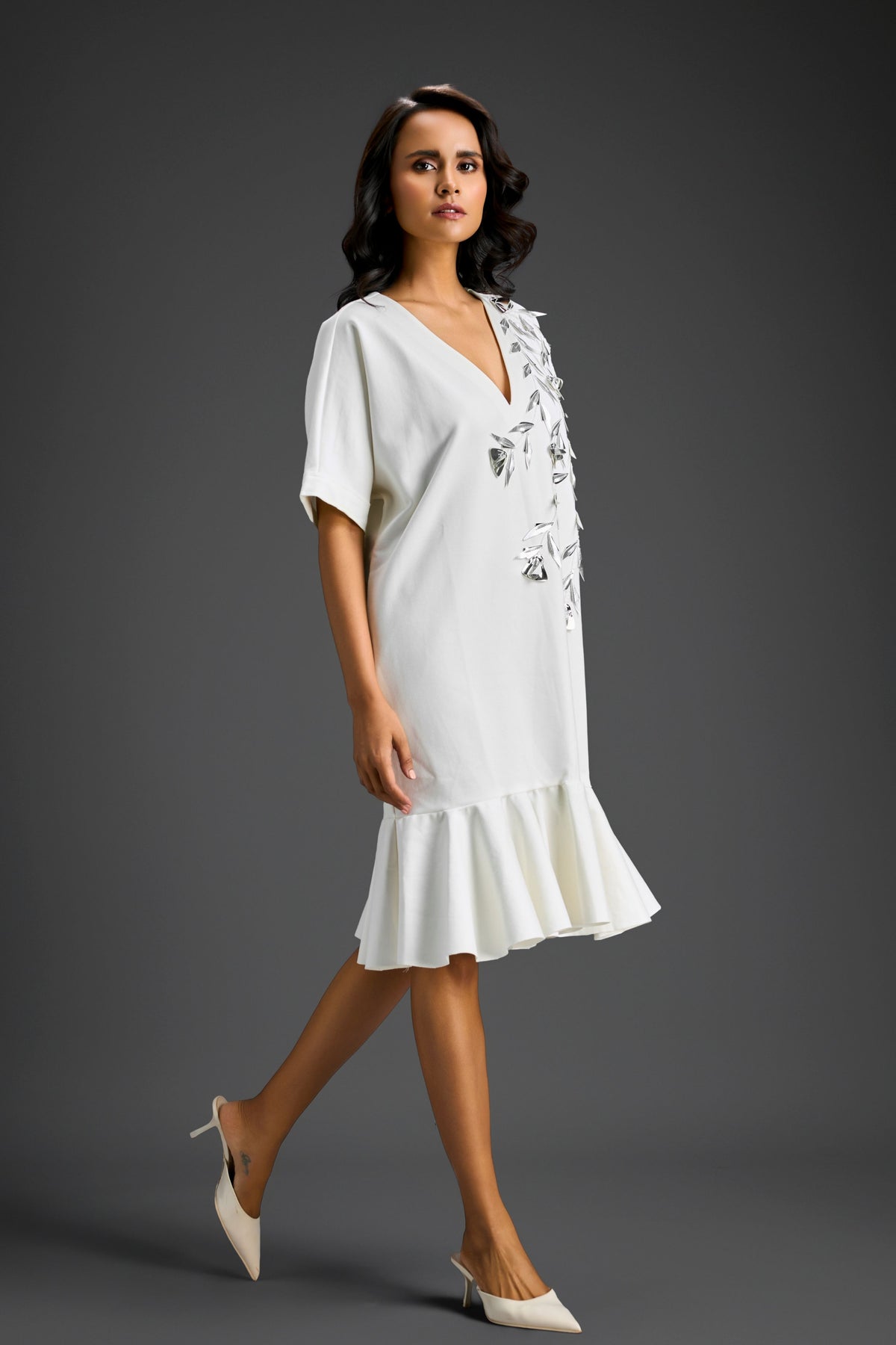 White V-neck Embroidery Dress