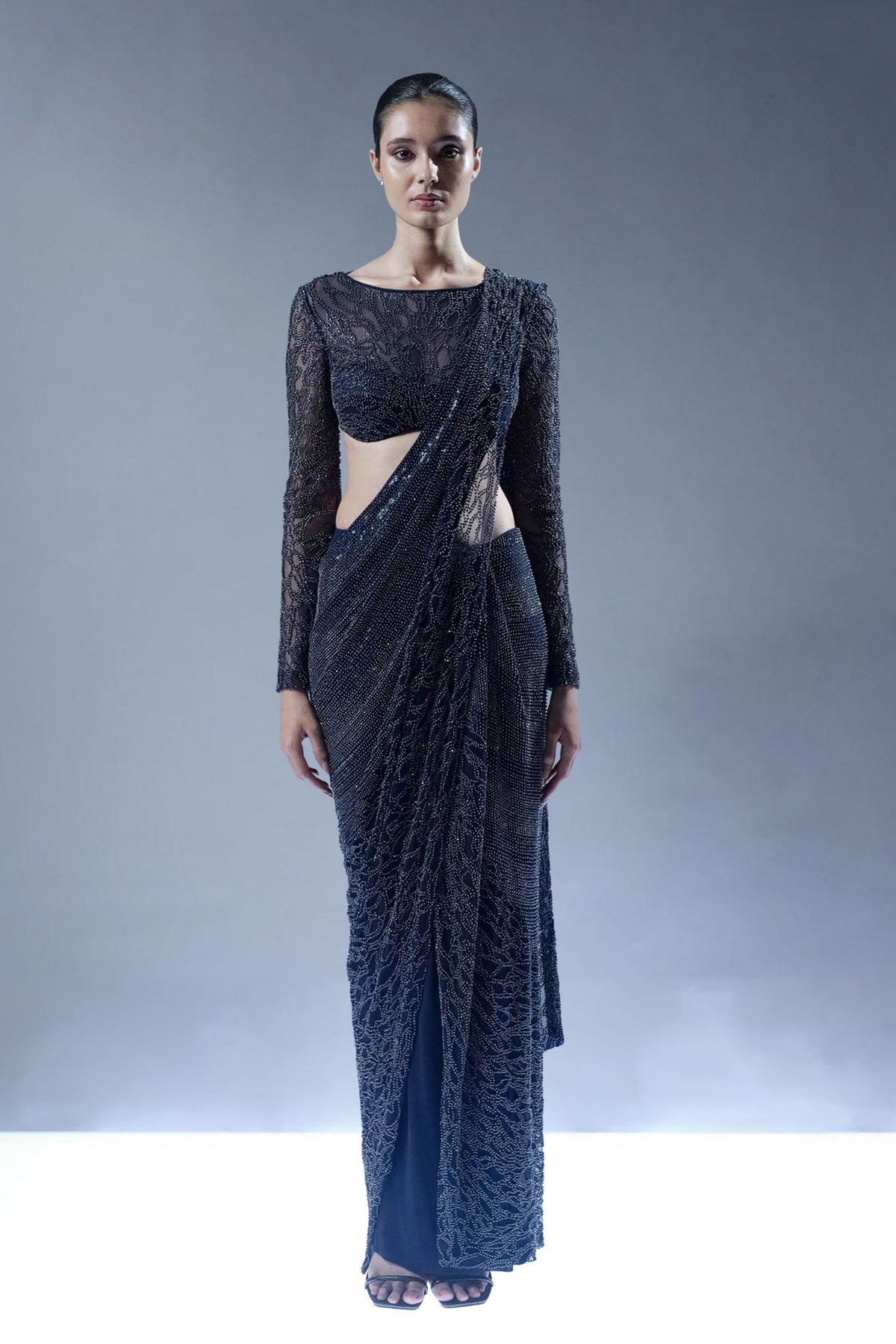 Midnight Blue Embellished Drape Saree