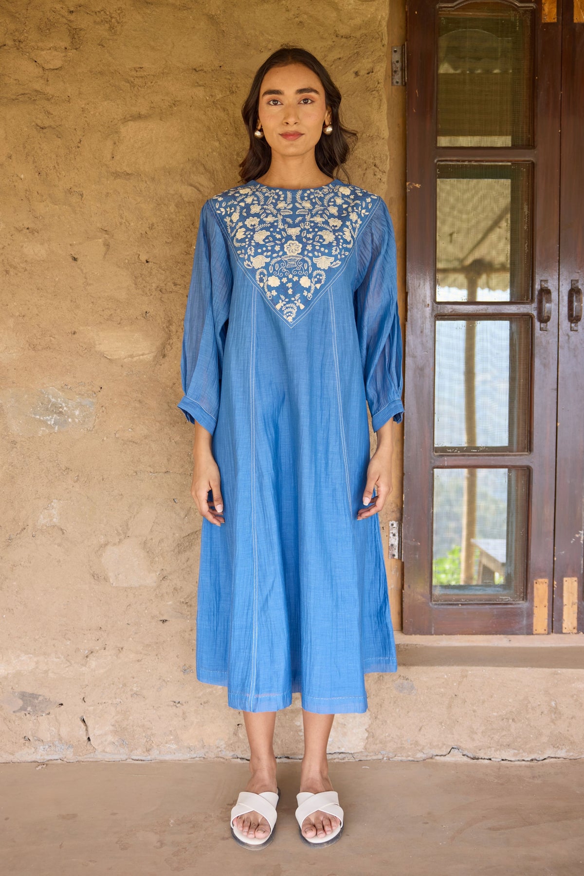 Blue Embroidered Yoke Chanderi Dress