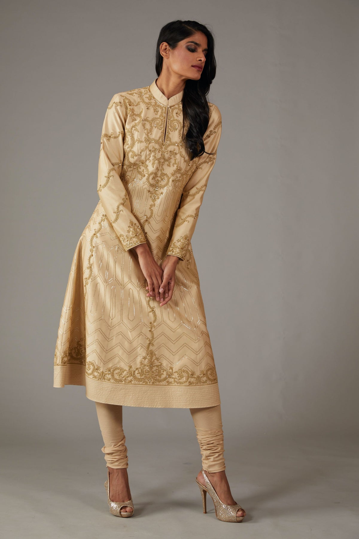 Beige Chanderi Anarkali Set