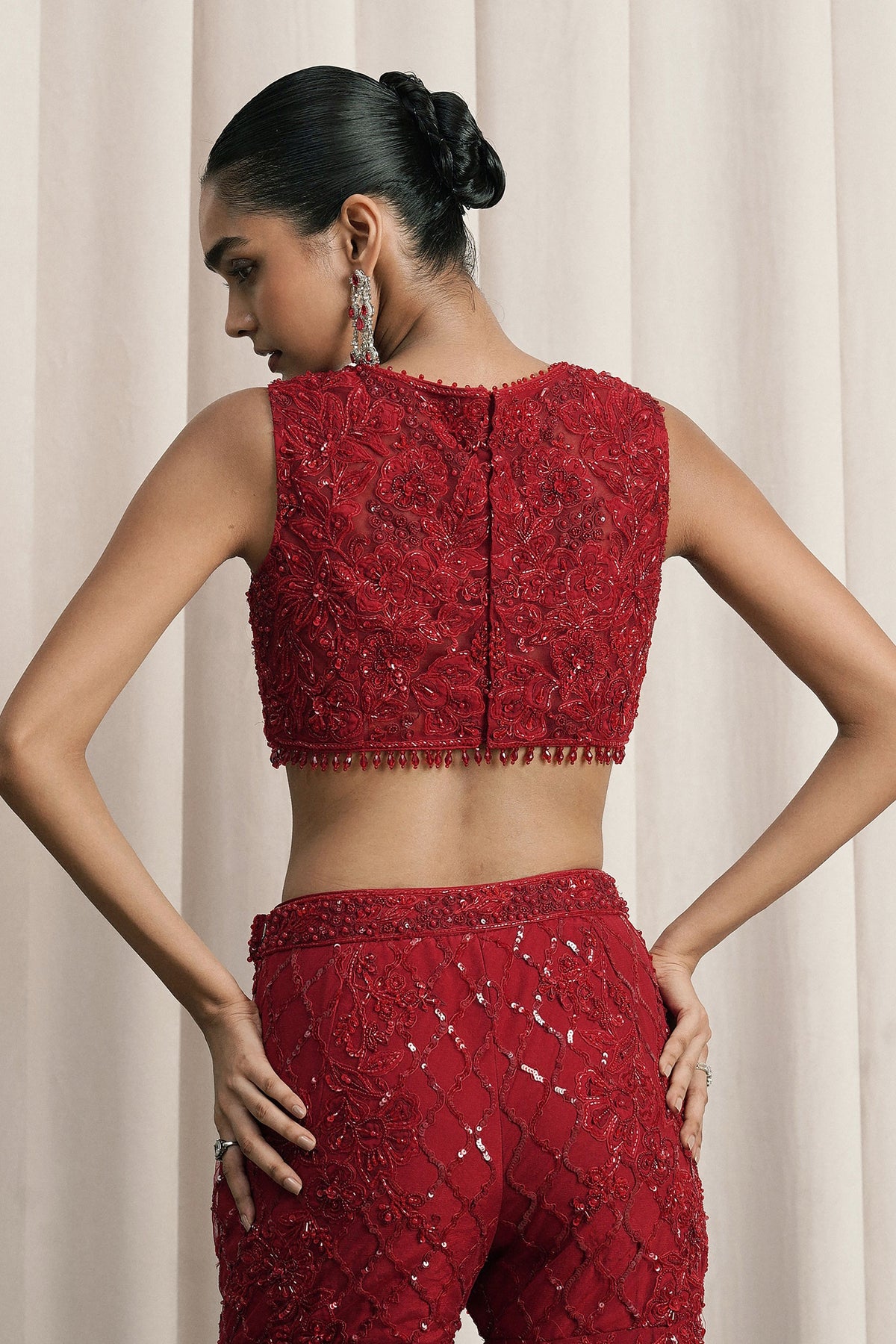 Red Tasseled Net Jacket Set