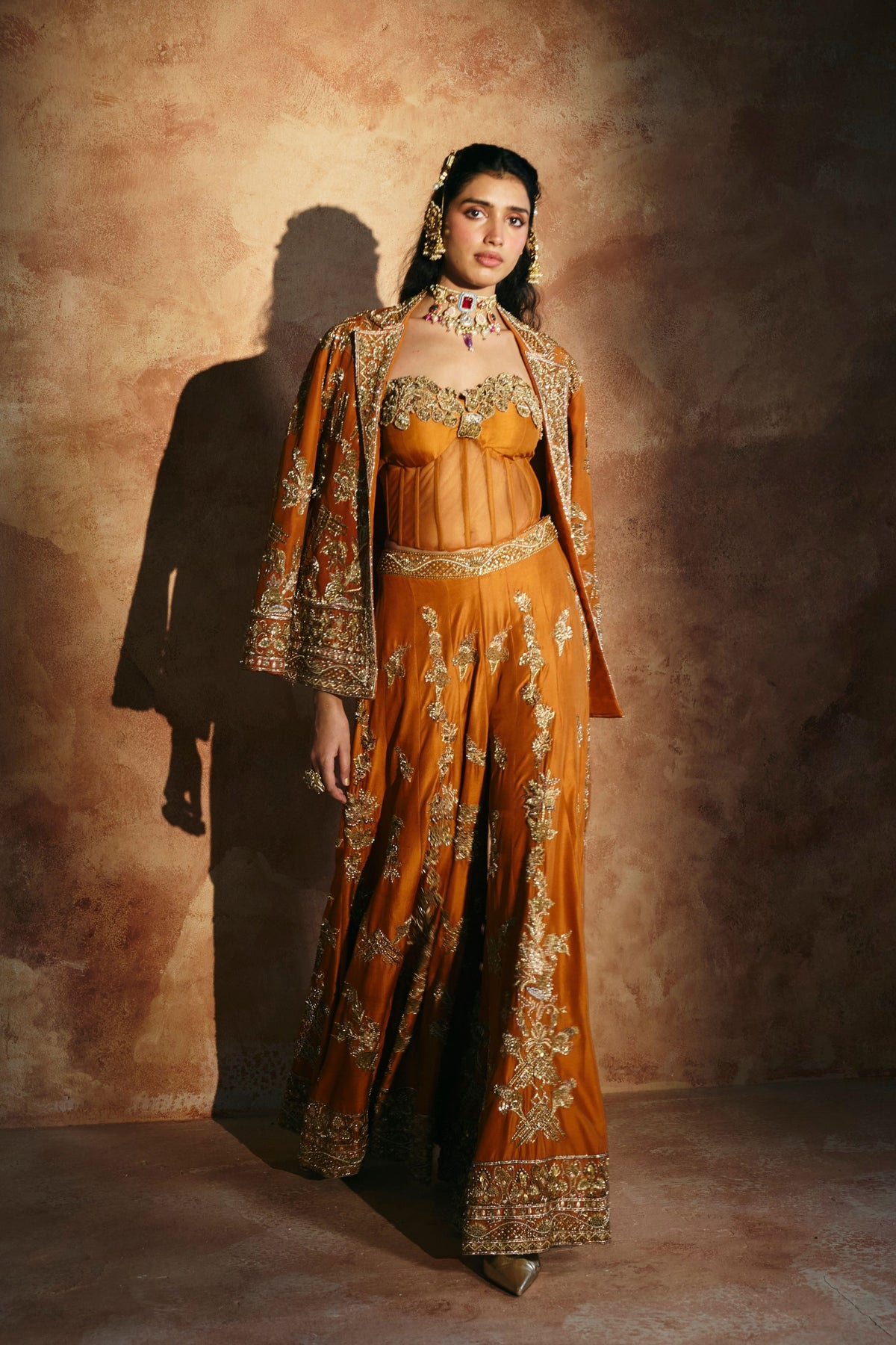 Orange Zardozi Sindh Jacket Set