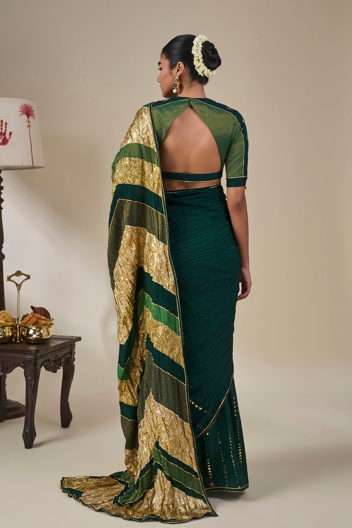 Bottle Green Celestial Moonfall Crush Saree