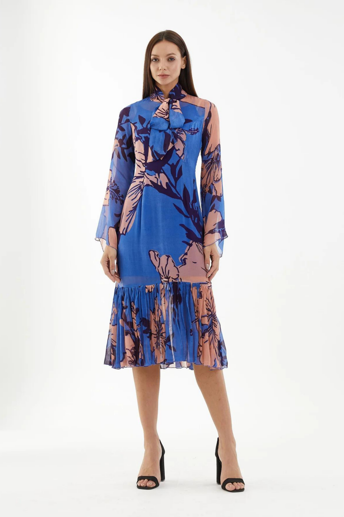 Blue And Orange Floral Midi Dress