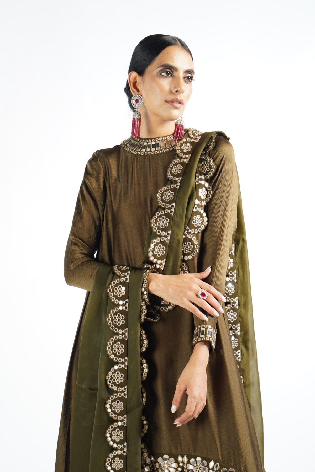 Olive Green Mirror Scallop Kurta Set