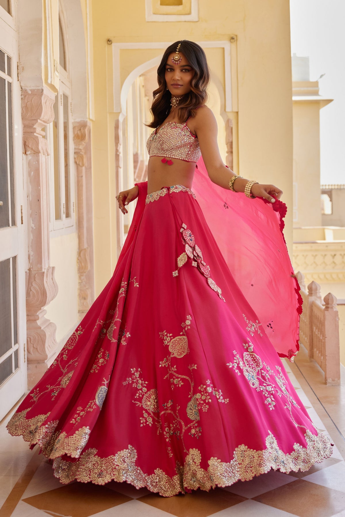 Dark Fuchsia Embroidered Lehenga Set