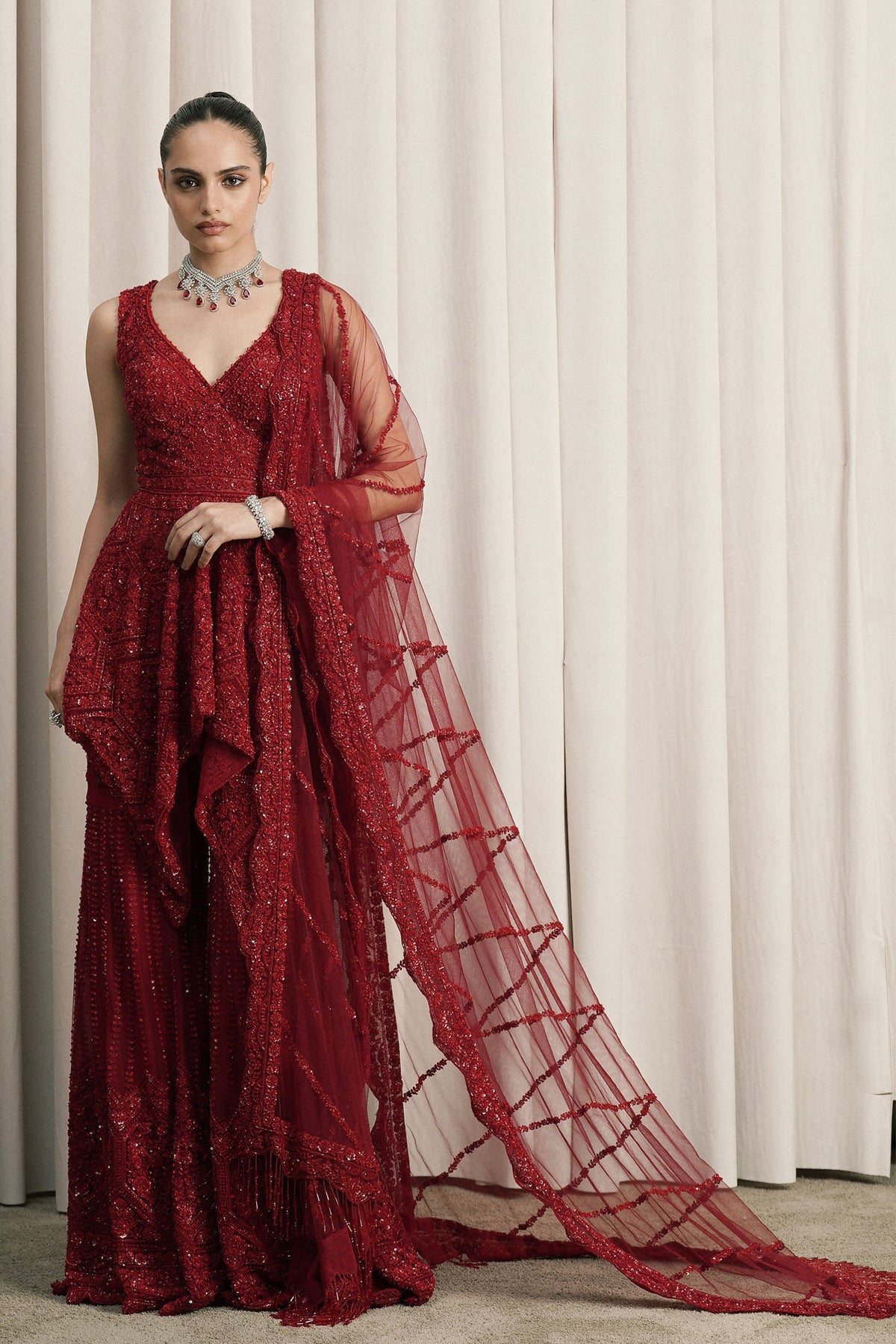Red Embellished Jacket Sharara Set