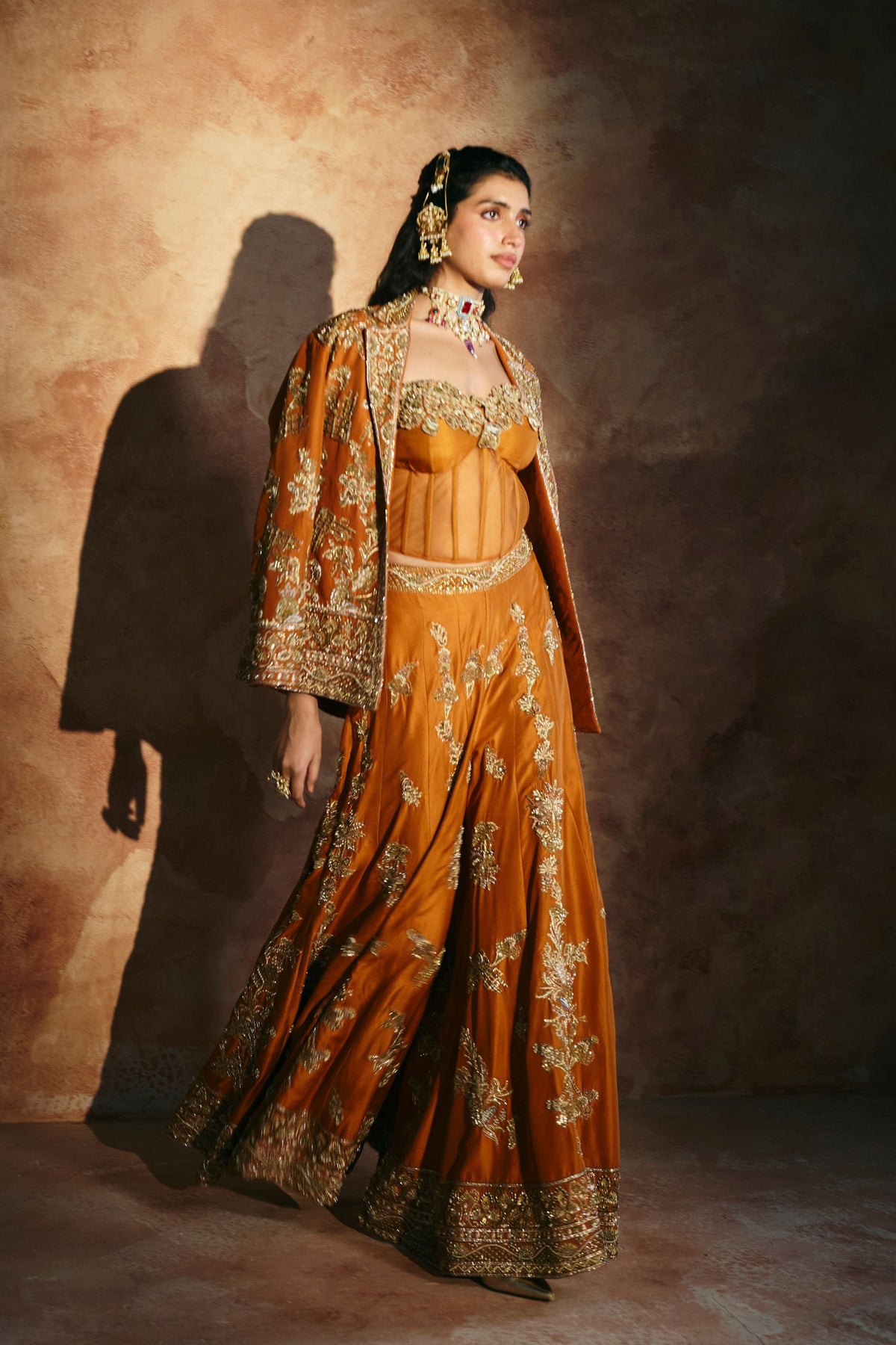 Orange Zardozi Sindh Jacket Set