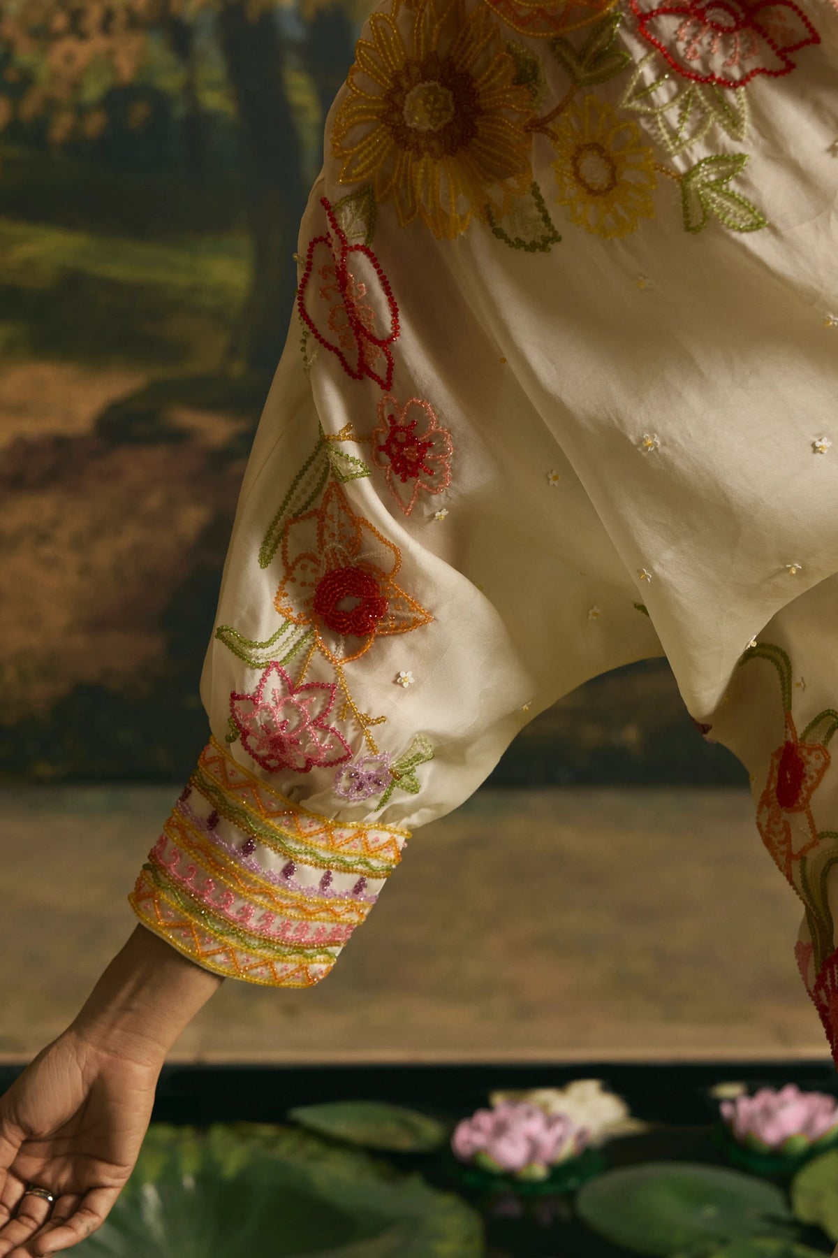 Ivory Floral Silk Tunic Set