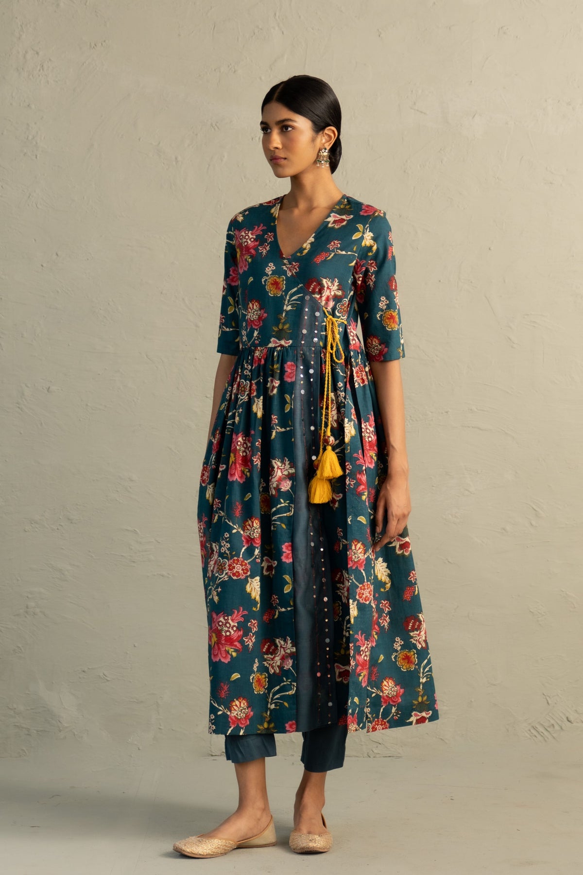 Teal Angrakha Straight Kurta Set