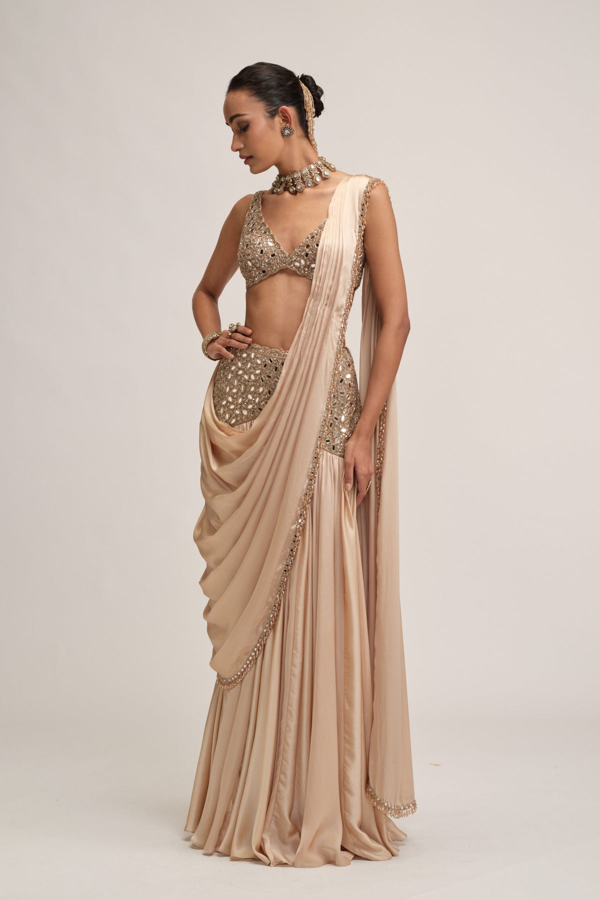 Modern Beige Draped Saree Set