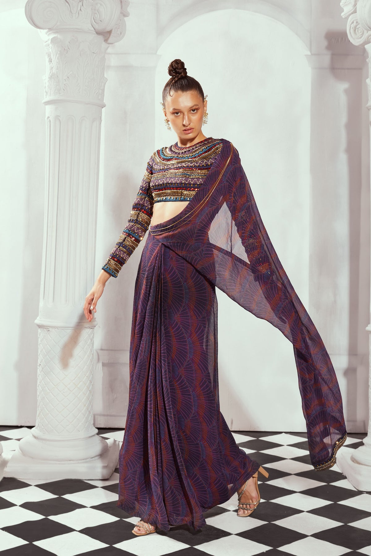 Overtine Greek Art Print Pre Drapped Saree