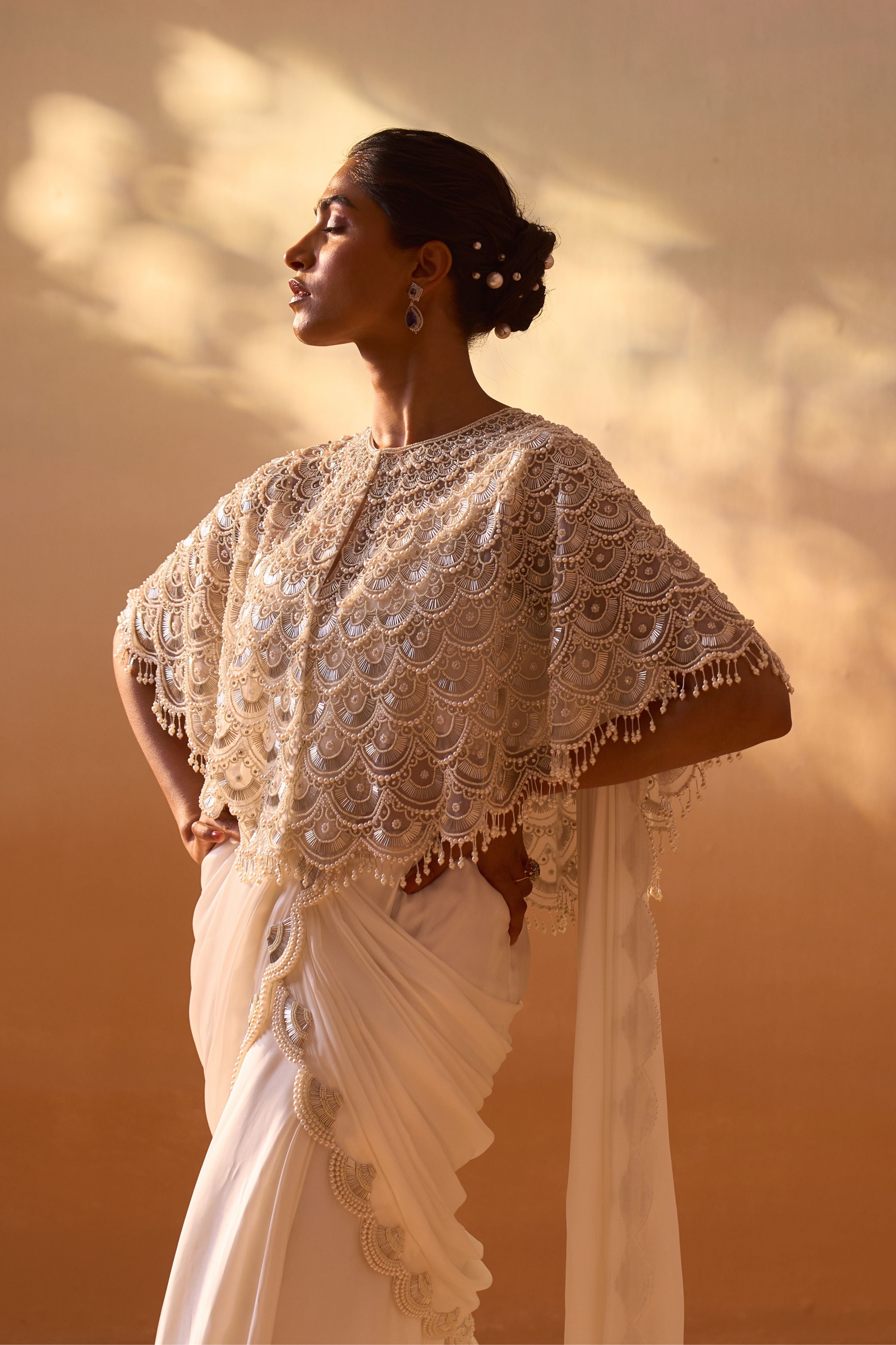 Nitika Gujral - 3pc White Cape With Draped Saree