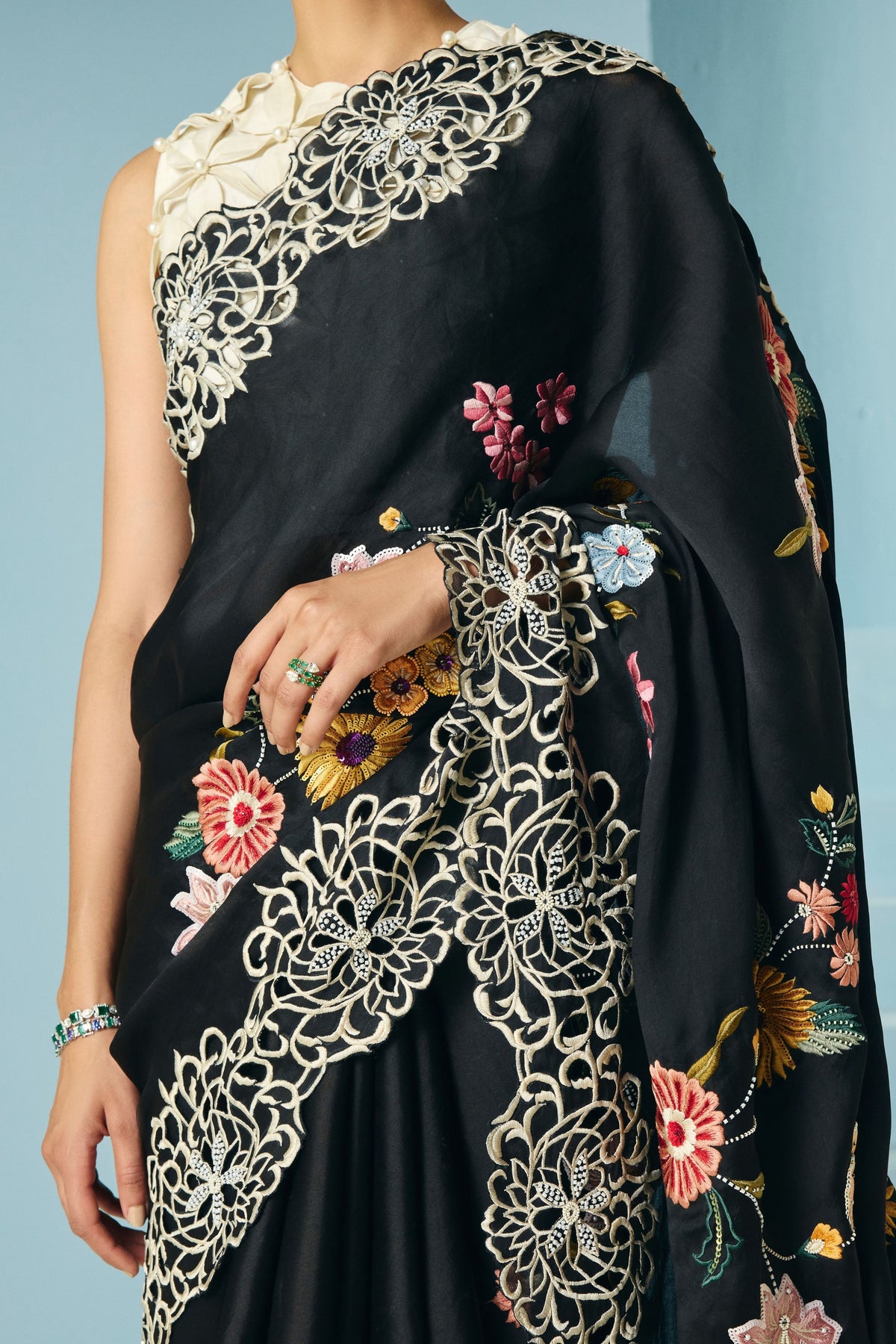 Black Floral Foliage Saree