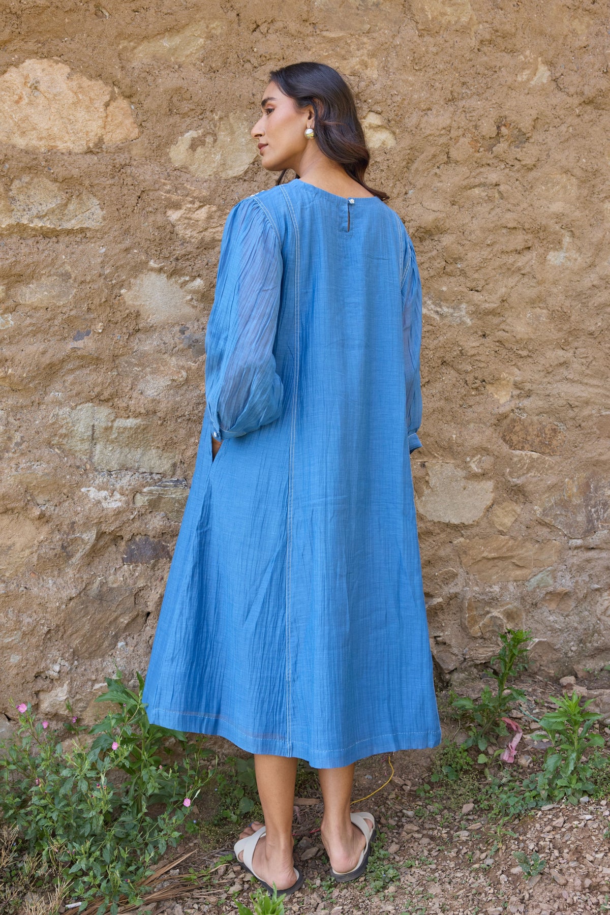 Blue Embroidered Yoke Chanderi Dress