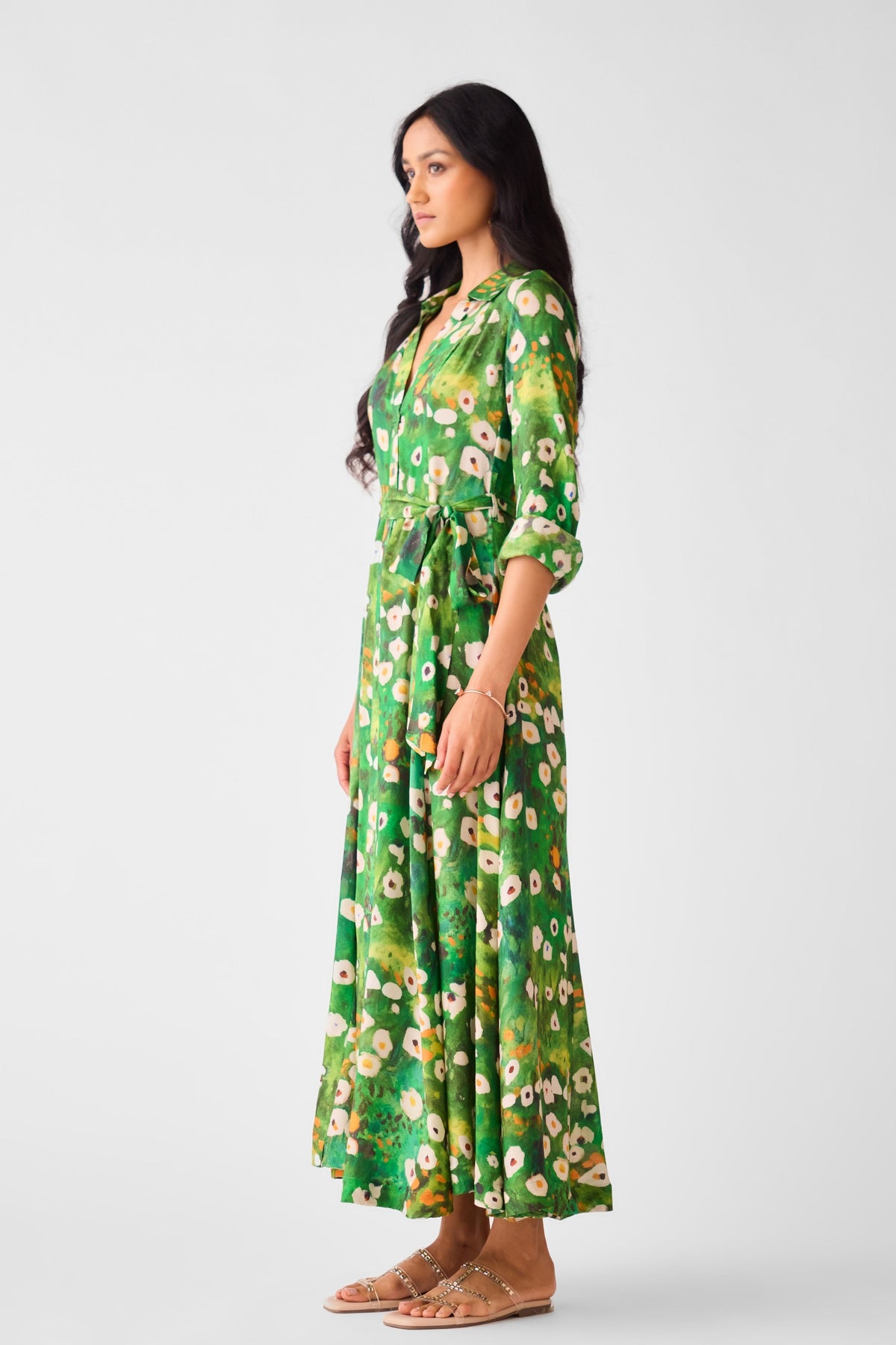 Green Muslin Floral Long Dress