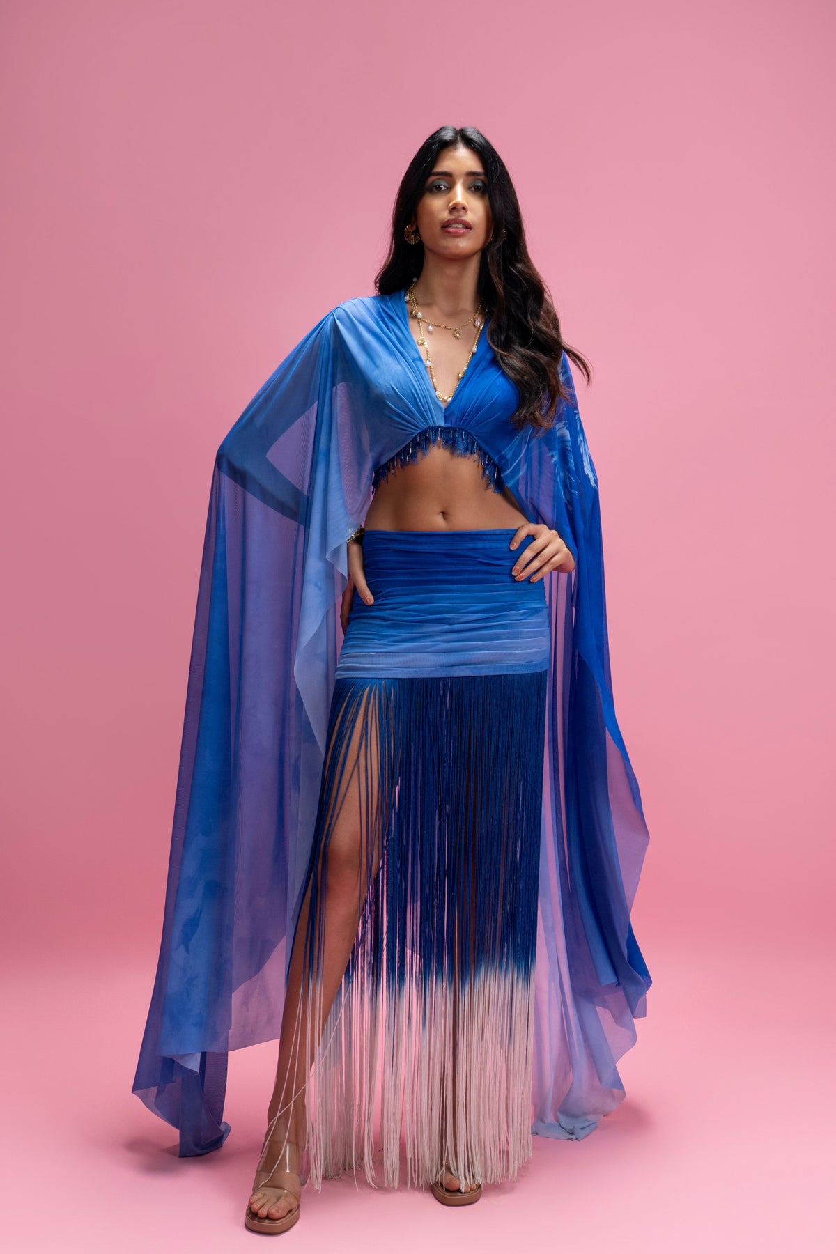 Ombré Draped Fringe Skirt Set