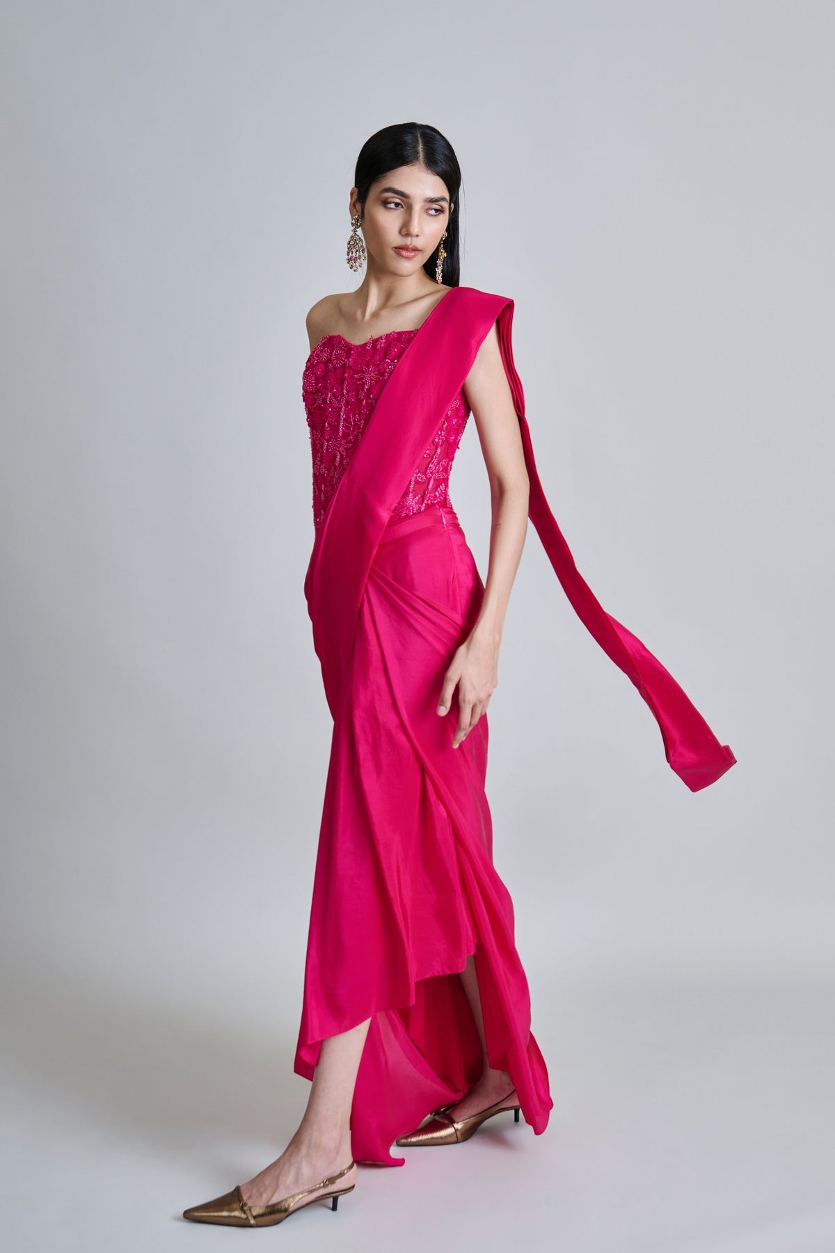 Zin Fuchsia Draped Saree Set