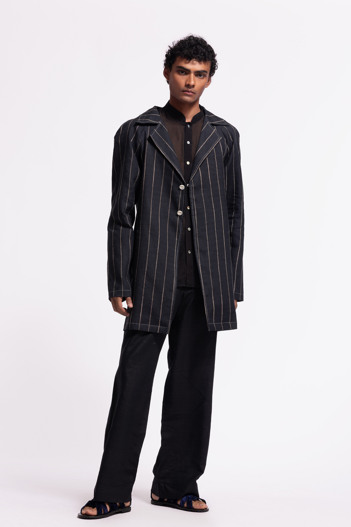 Indigo Printed Linen Long Jacket