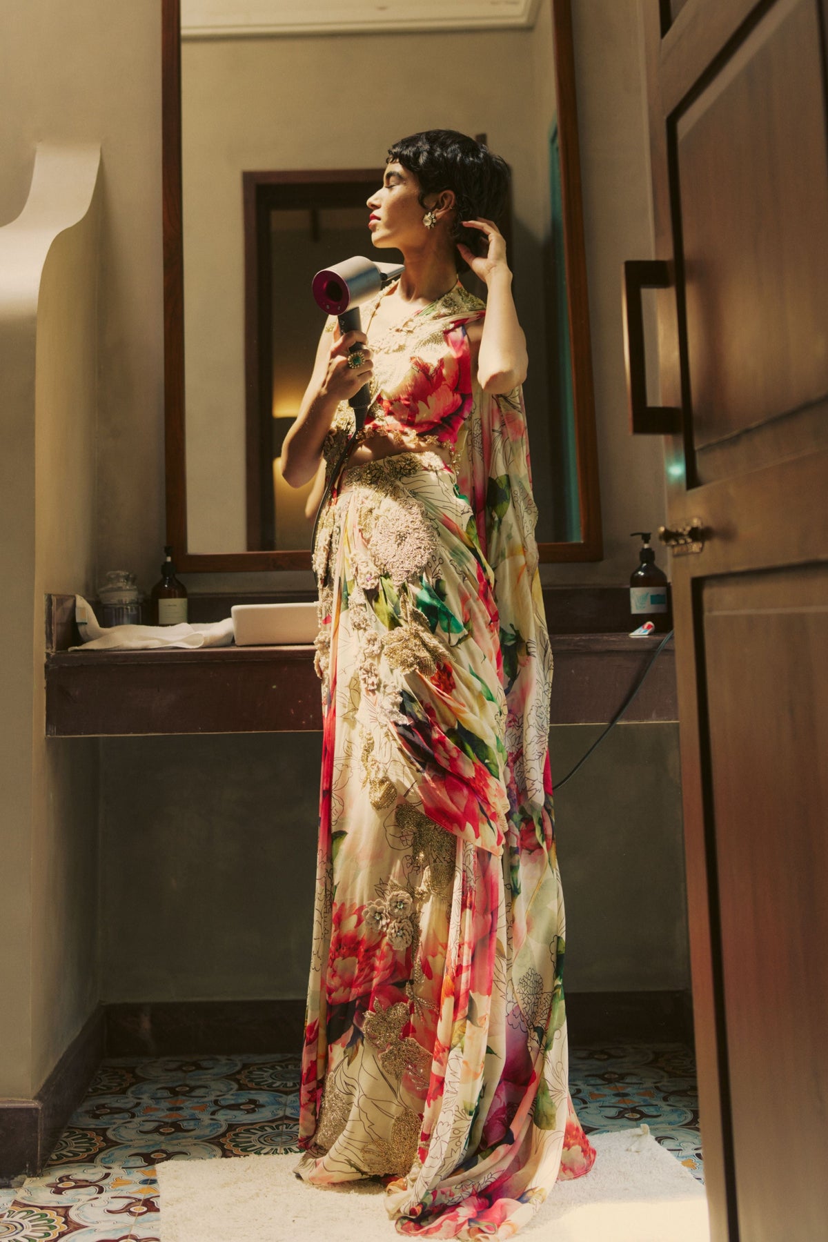 Multicolored Pre Draped Saree Set