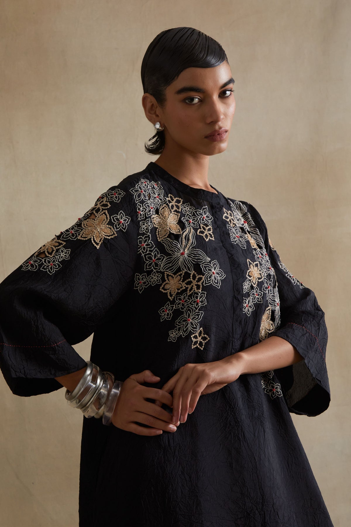 Black Embroidered Floral Kurta Set