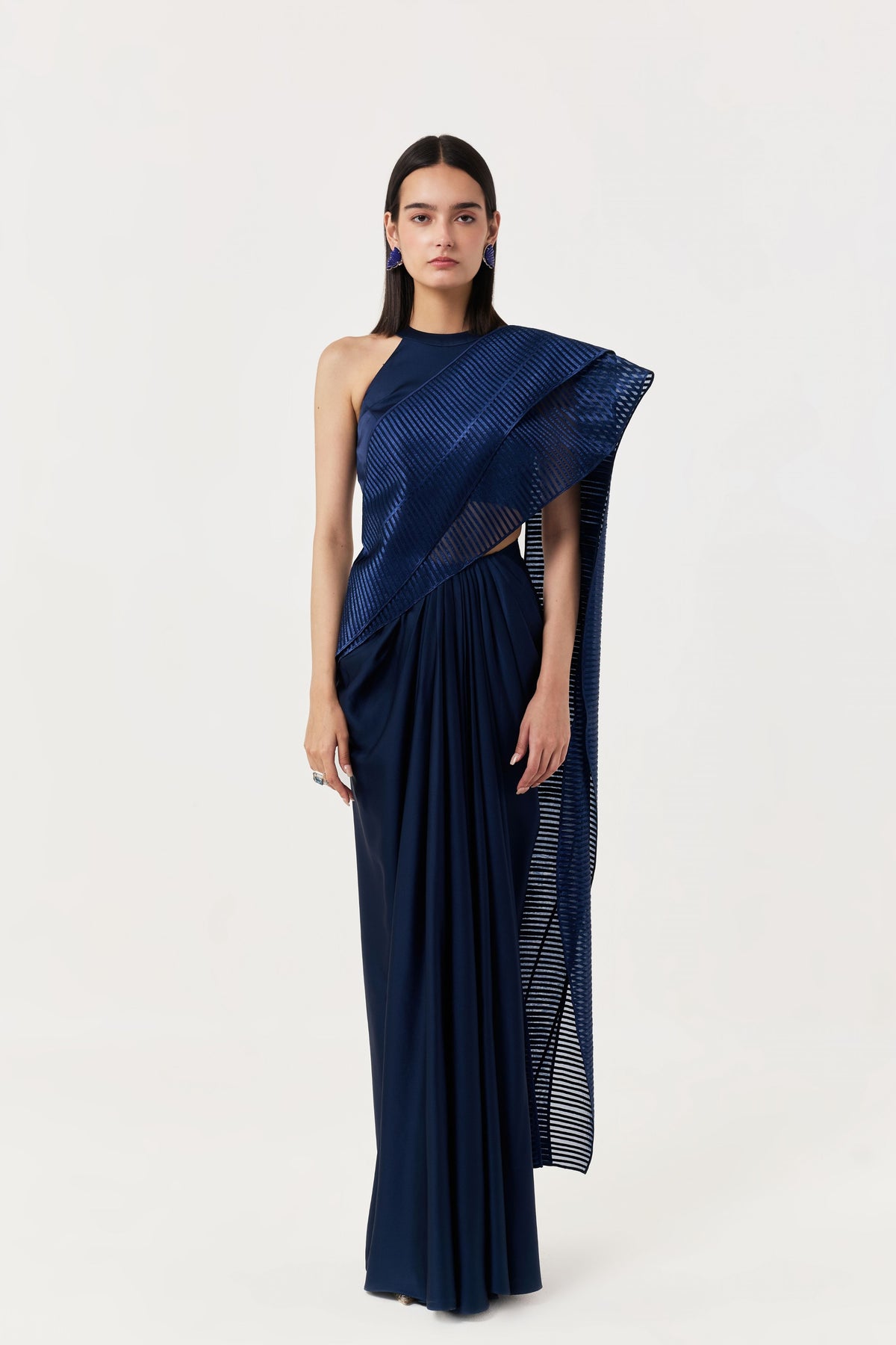 Layered Navy Wave Pre-Stitched Saree