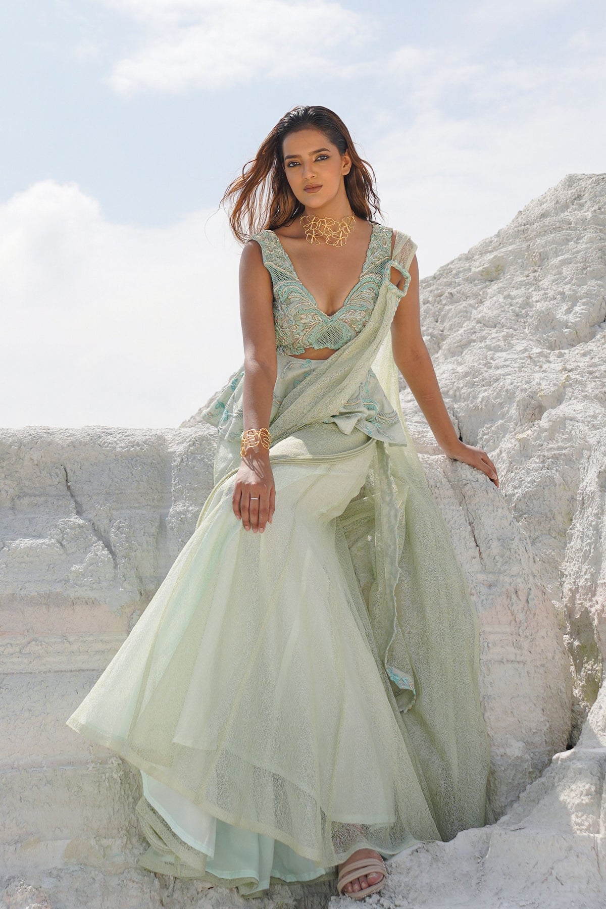 Pastel Green Draped Saree Set
