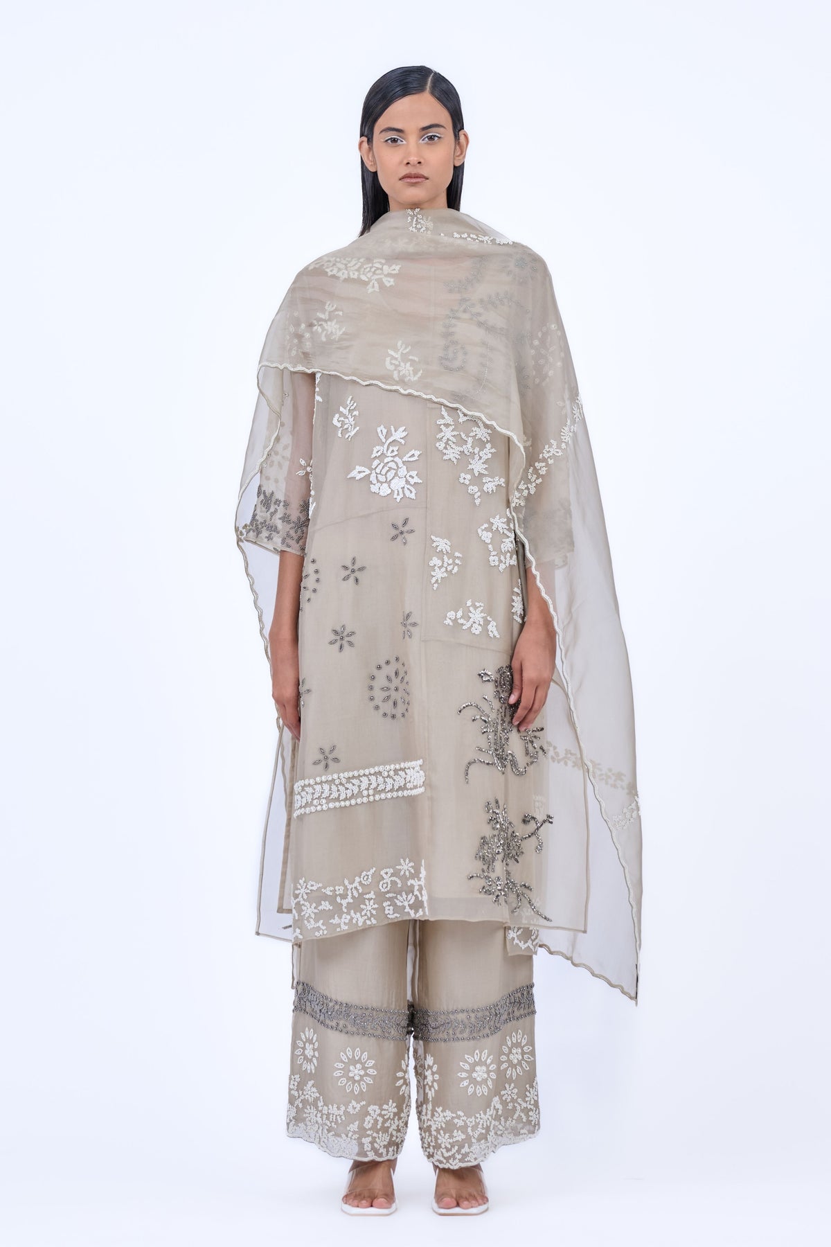 Ecru Silver Silk Organza Kurta