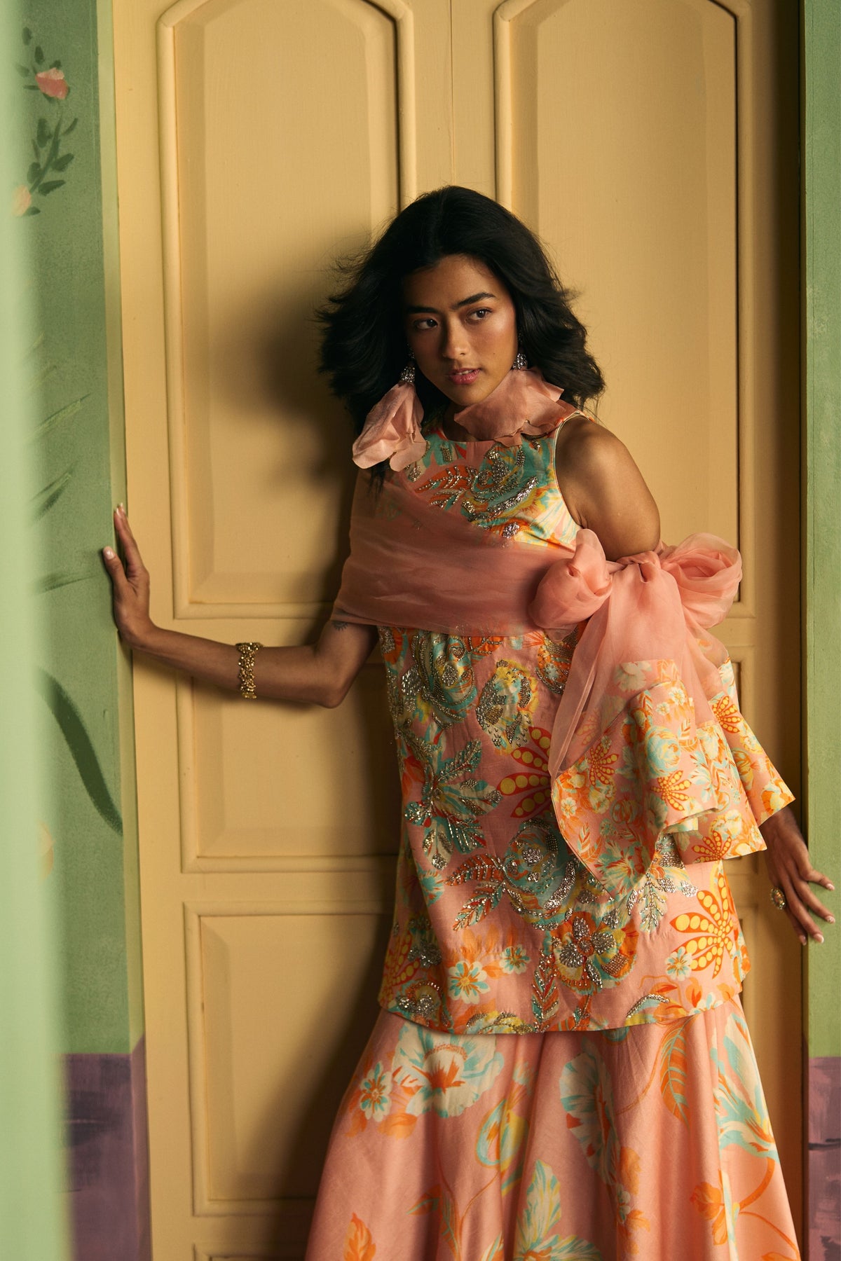 Peach Apricot Garden Sharara Set